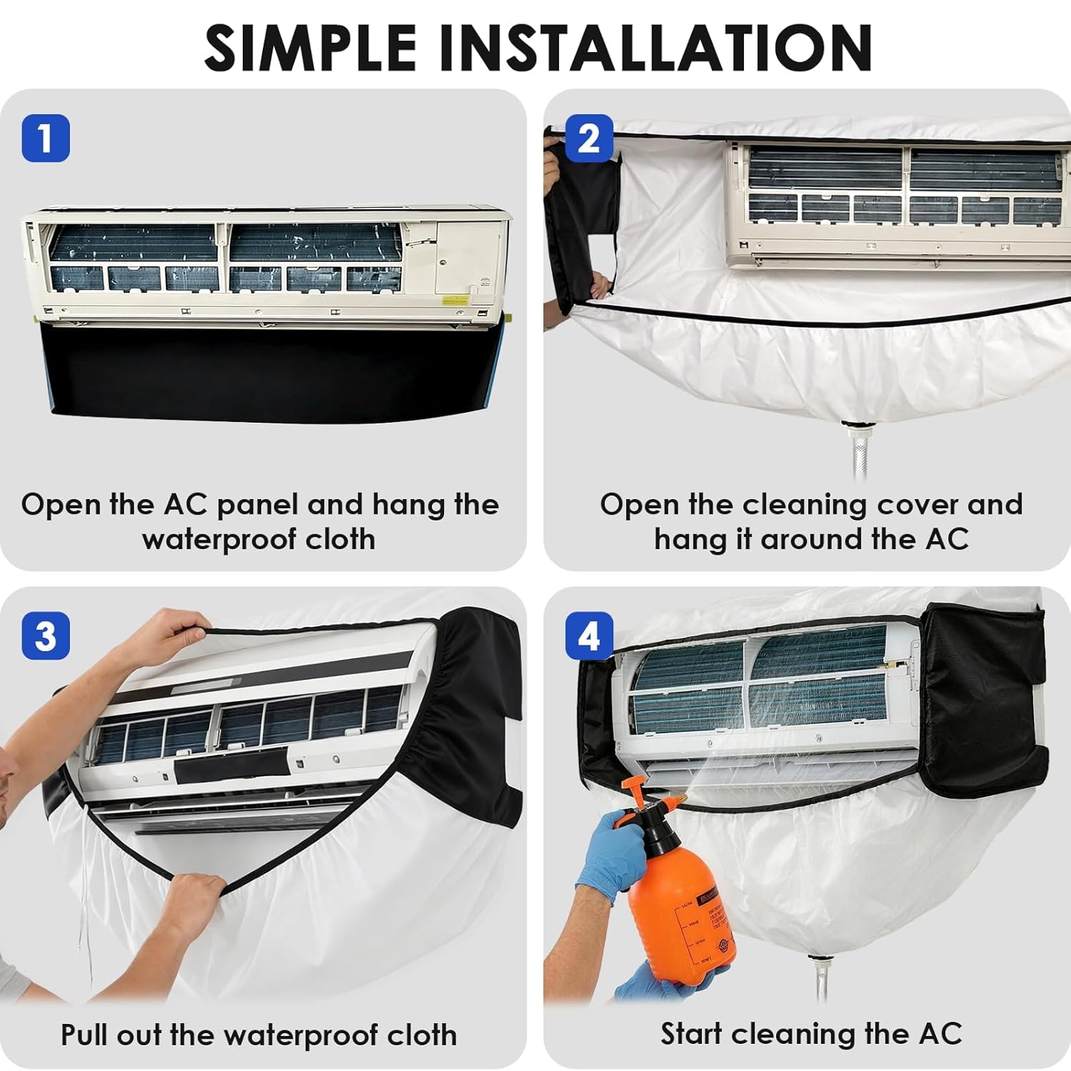 Detalle de ZSPLIT-MAIR Kit de nettoyage climatisation – panneaux latéraux doubles et housse imperméable pour climatiseur mural, Noir-Blanc, Taille 2XL
