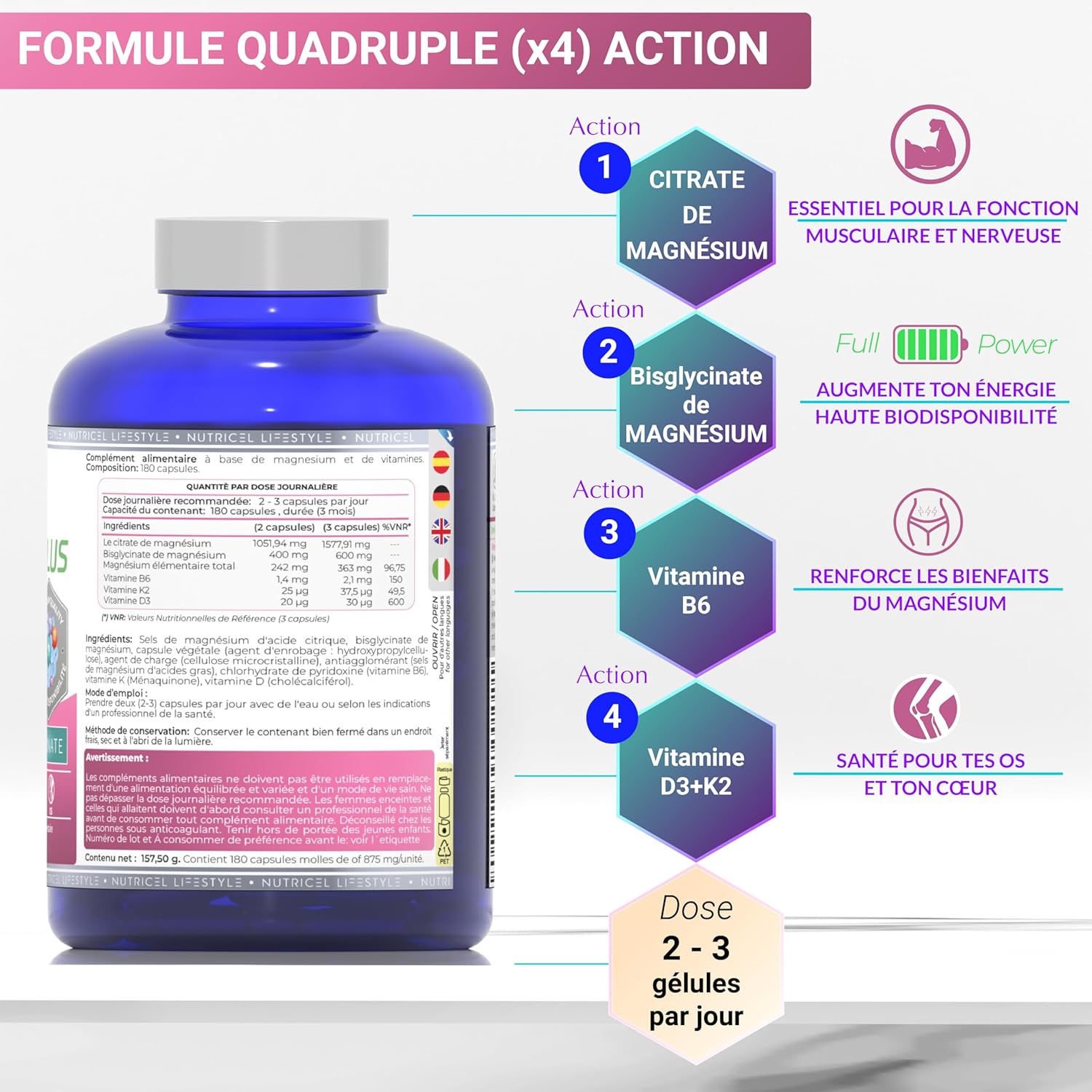 Thumbnail 1 de Magnésium bisglycinate + citrate 2177 mg avec vitamines B6, D3 et K2 – 180 gélules végétaliennes