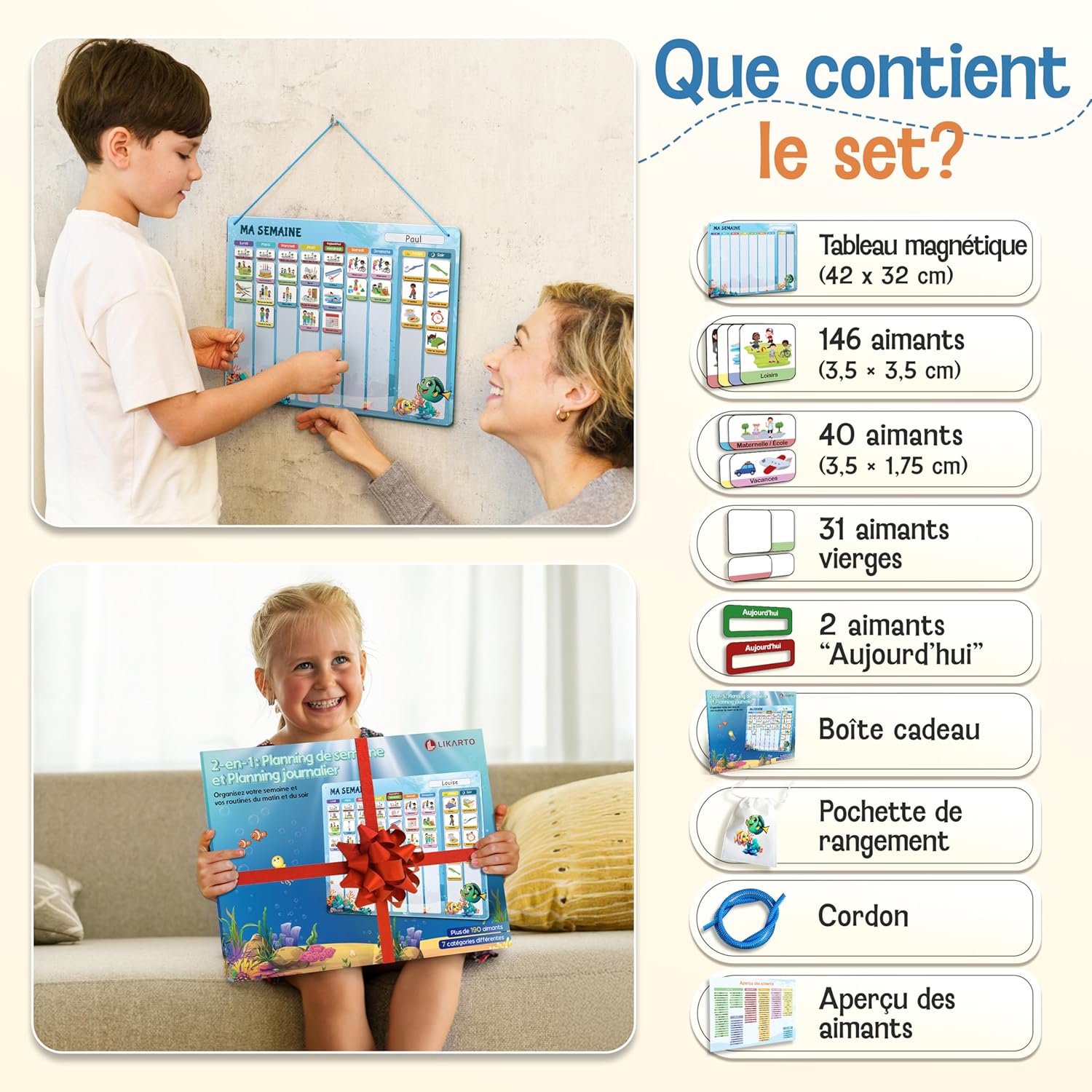 Thumbnail 5 de LIKARTO 2-en-1 Tableau Enfant – Semainier & Routine avec 188 Aimants