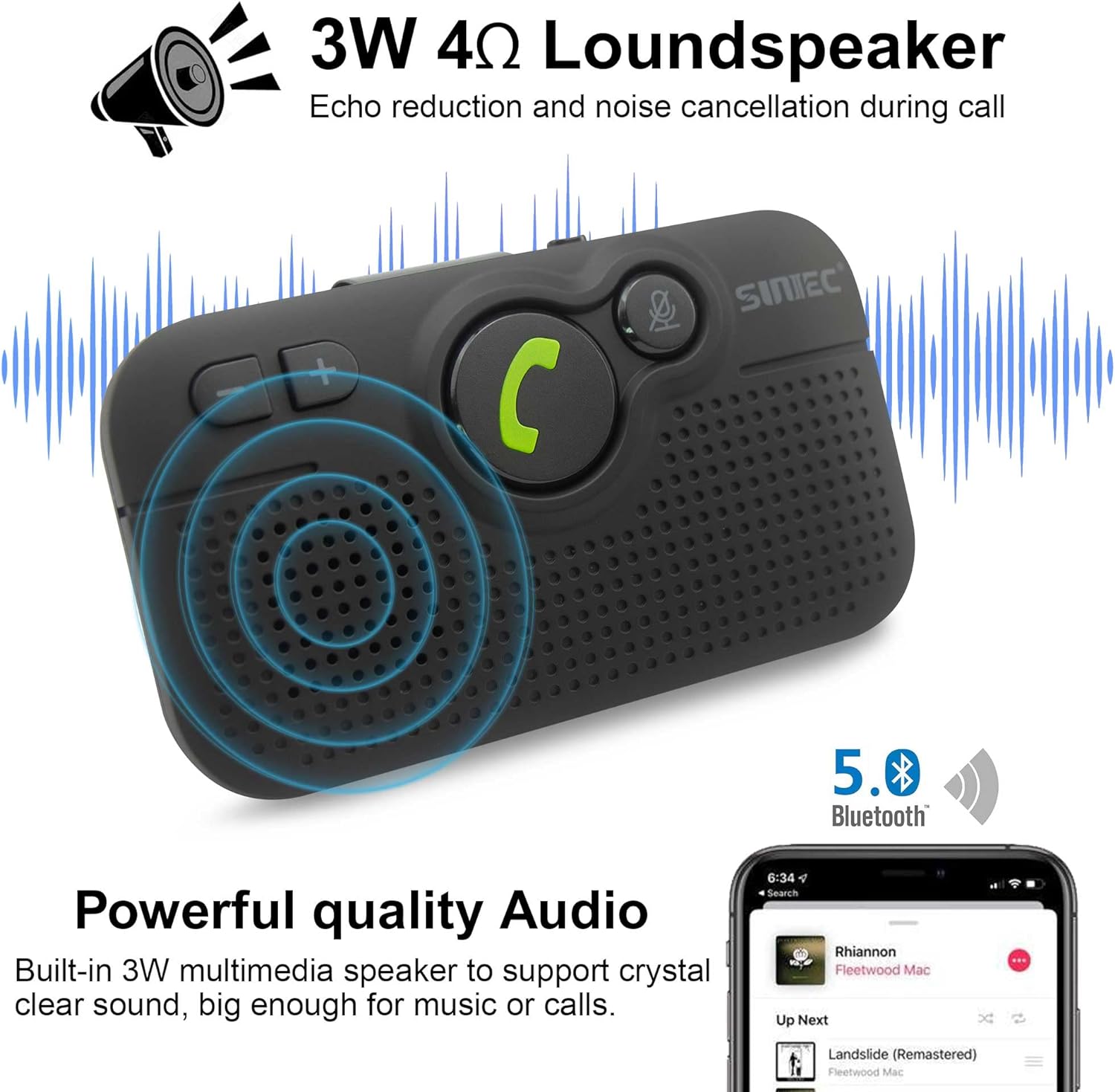 Detalle de SUNITEC Hands Free Car Phone Kit Bluetooth (BC980P) with 3W Speaker, Siri Voice Assistant & Visor Clip