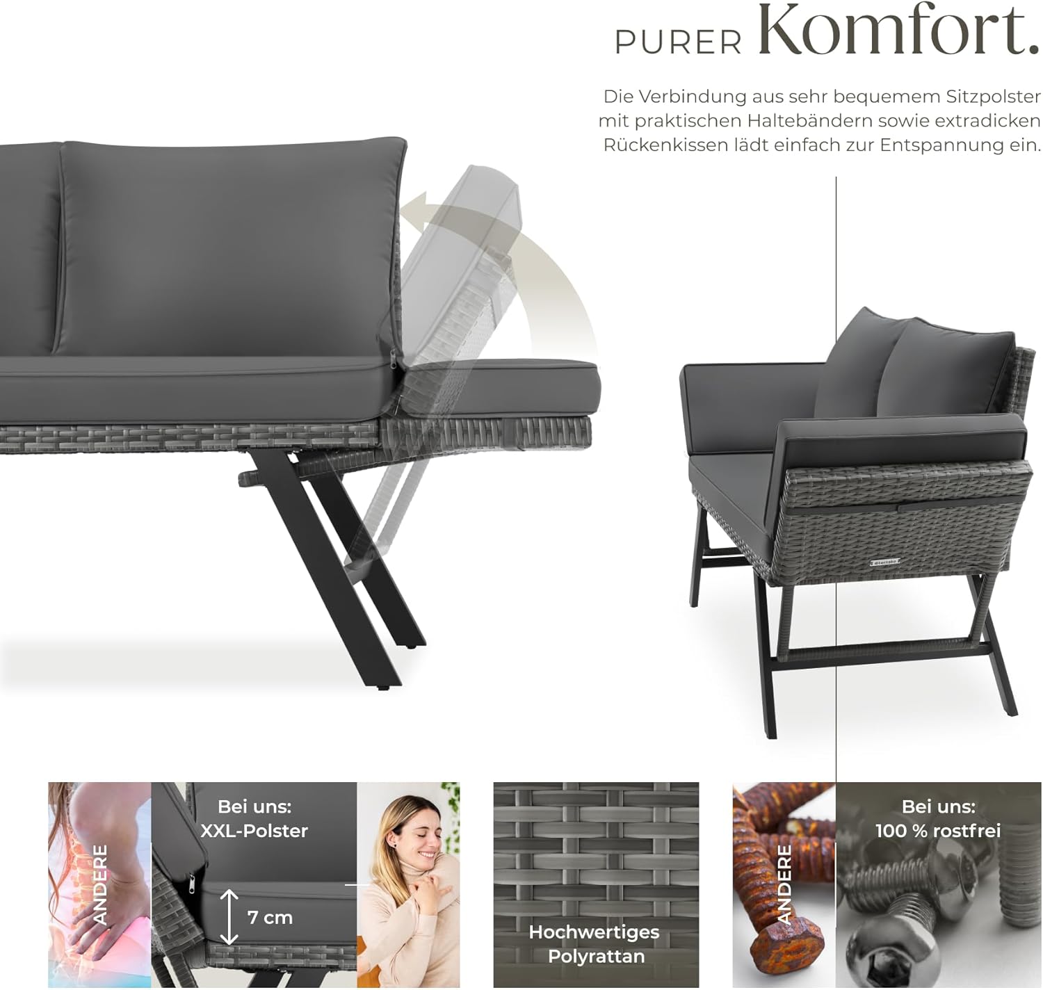 Detalle de tectake Rattan Loungesofa und Sonnenliege – 2-in-1 Gartenmöbel aus Polyrattan, grau