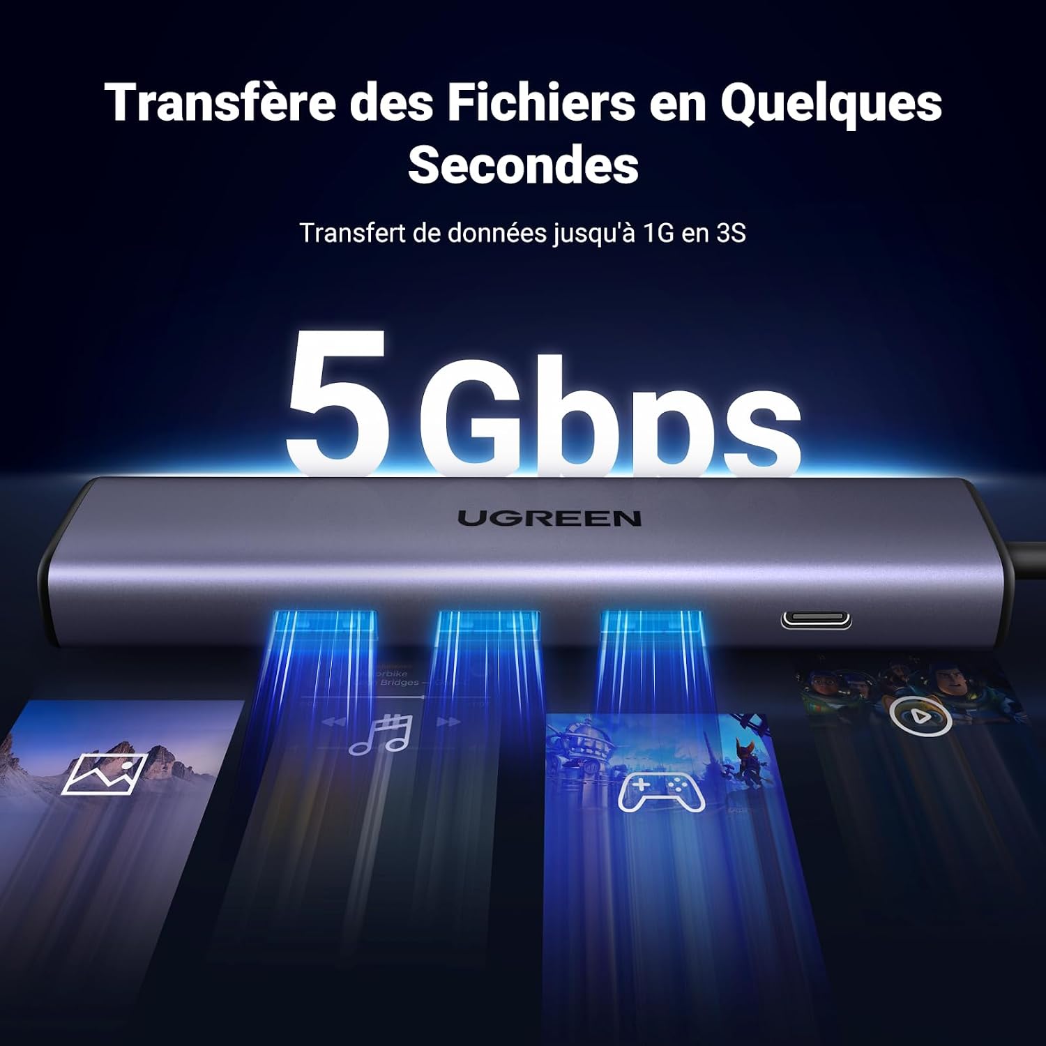 Detalle de UGREEN Hub USB 3.0 avec Adaptateur Ethernet 1000 Mbps et 3 Ports RJ45 — Aluminium