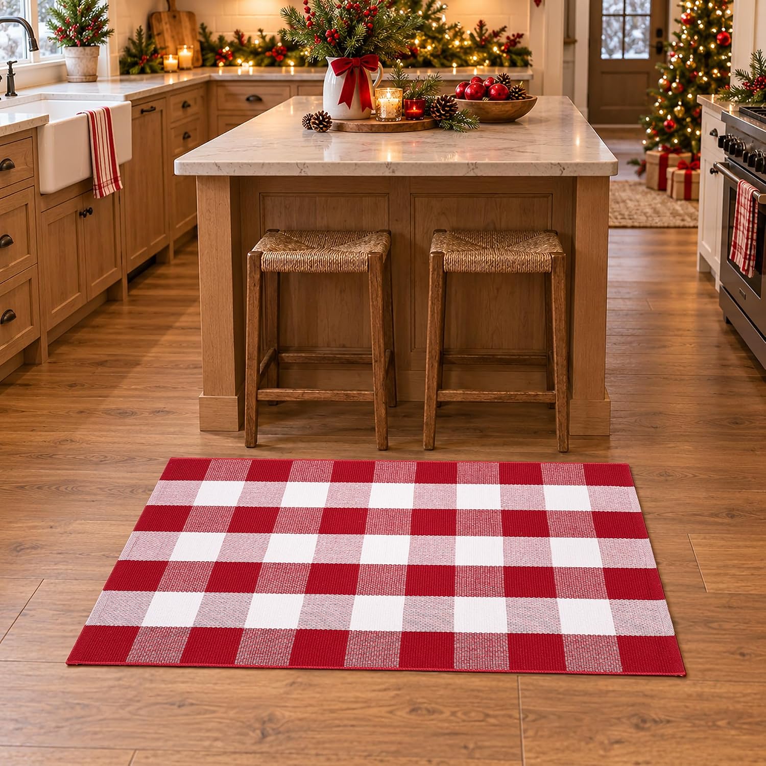 Detalle 1 de Homydecor Red and White Plaid Doormat, 28 x 43 Inches, Reversible Flatweave