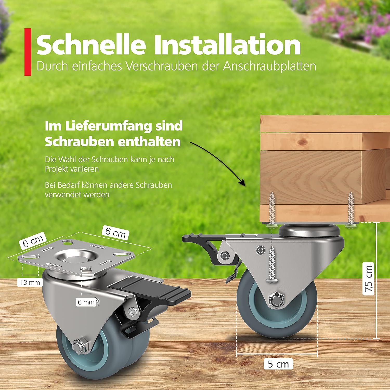 Detalle de RAVN HAMAN 4er Set Möbelrollen 50 mm mit Bremse – Schwerlast-Lenkrollen für innen & außen