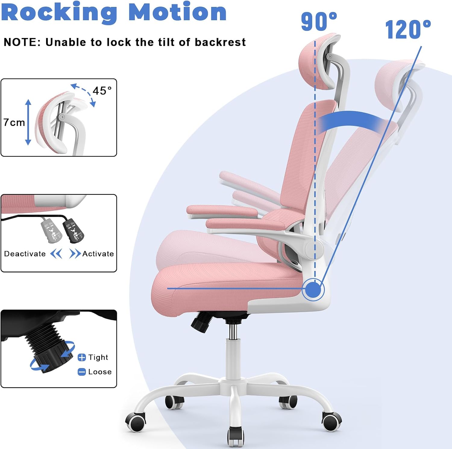 Detalle 1 de naspaluro C020106 High-Back Office Chair, Pink, Adjustable Headrest and Lumbar Support