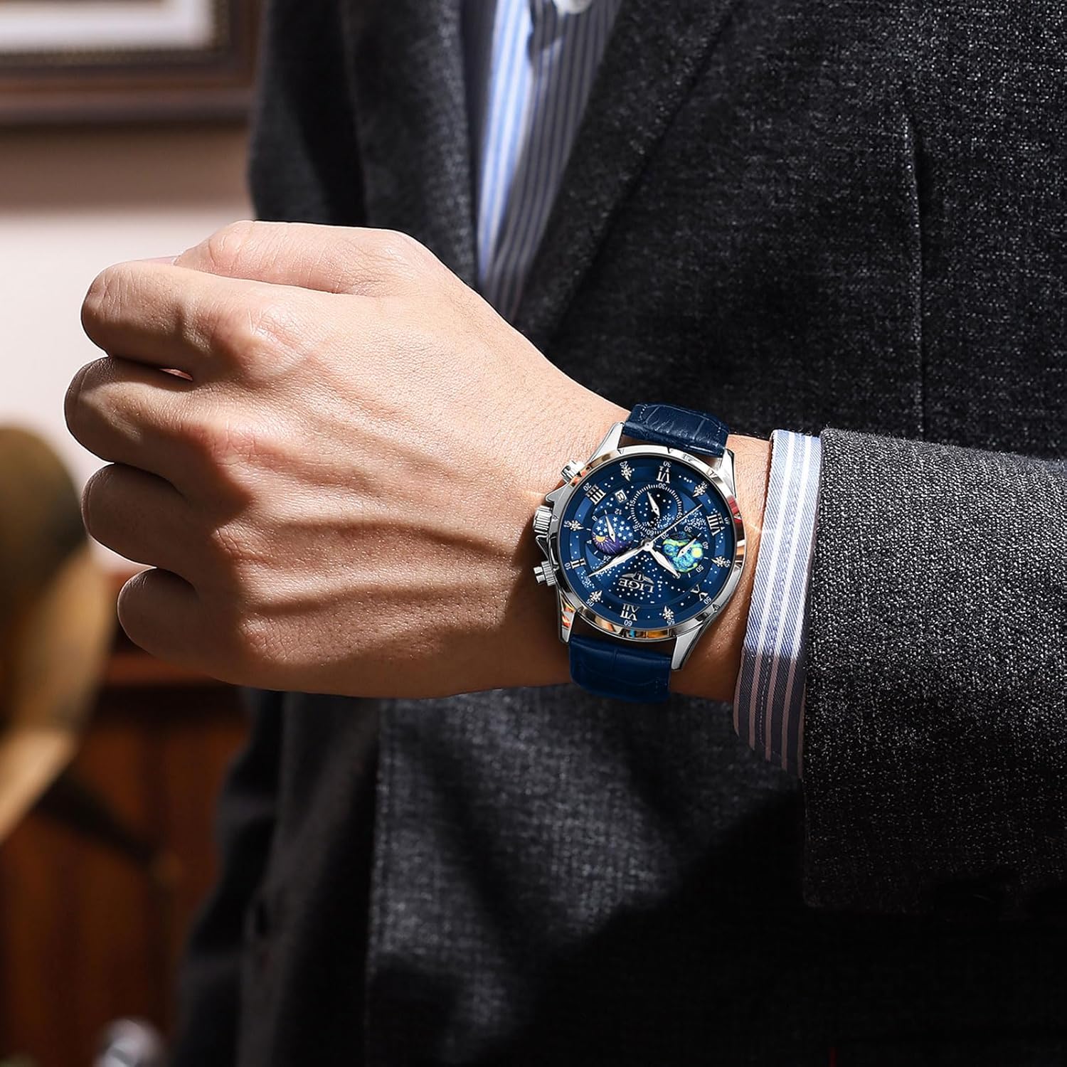 Thumbnail 1 de LIGE Orologio da uomo cronografo al quarzo impermeabile con fasi lunari, data luminosa