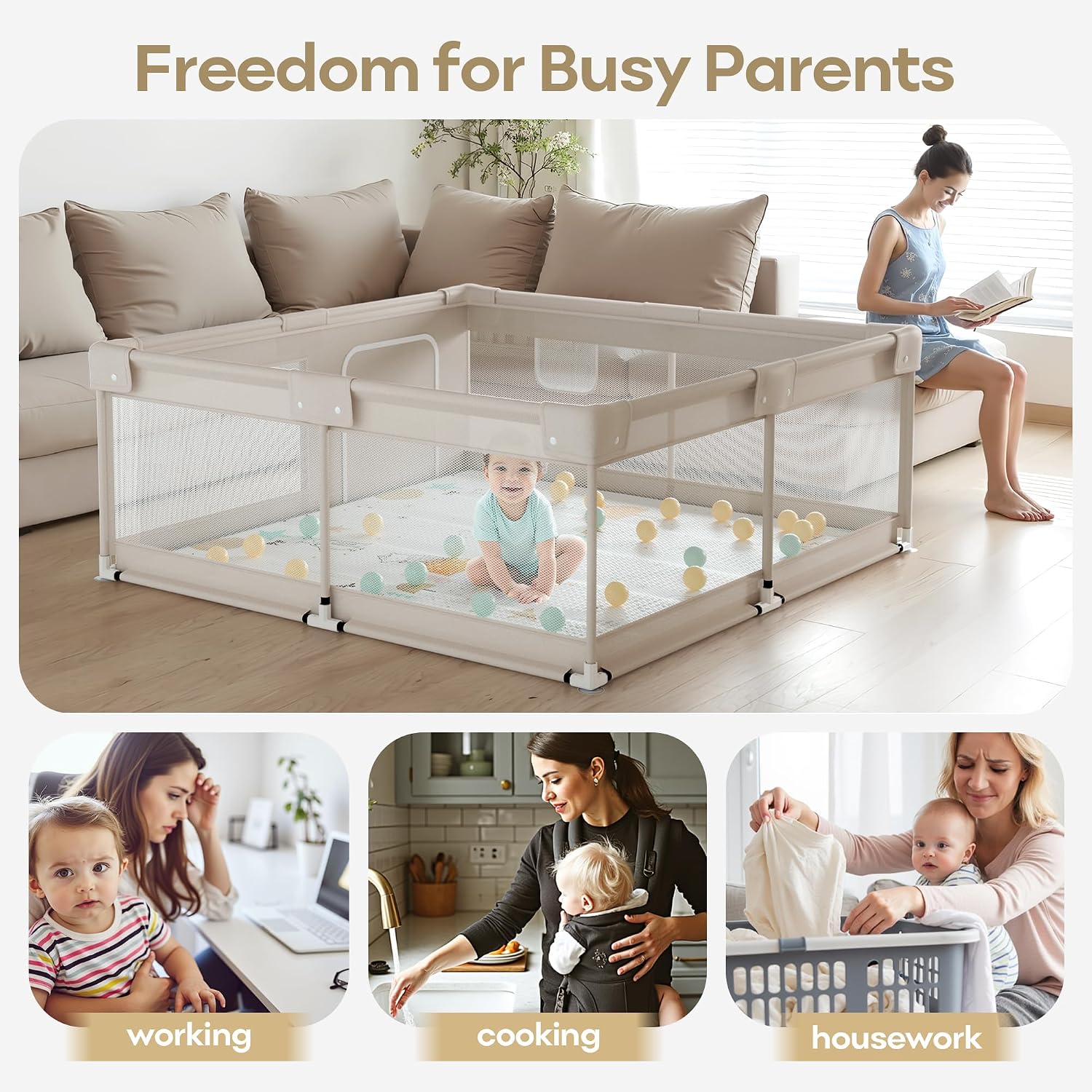 Thumbnail 4 de Lertantri Laufstall Baby 150×150 cm – XXL Laufgitter mit Spielmatte, atmungsaktivem Netz und Saugnäpfen