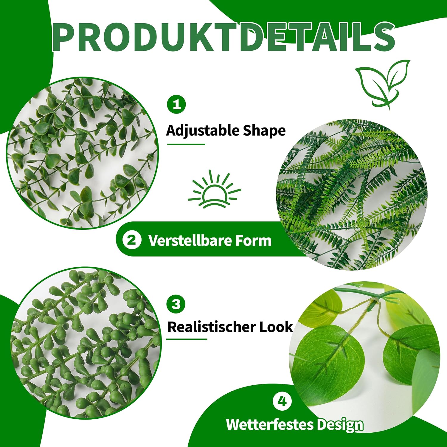Detalle de Der Rose 4er Set Künstliche Hängepflanzen – Eukalyptus, Boston-Farn, Pothos & Perlenschnur in schwarzen Töpfen