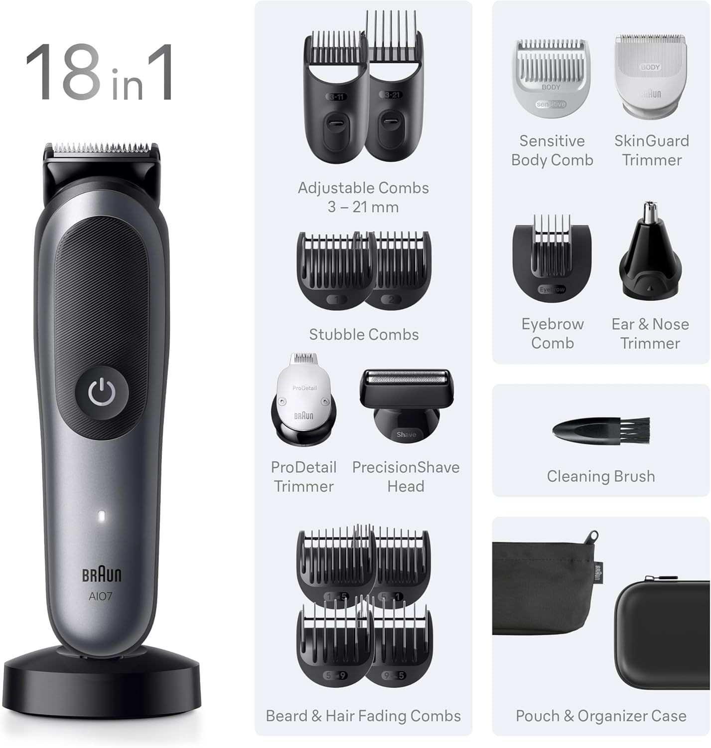 Detalle 2 de Braun Series 7 18-in-1 All-in-One Grooming Kit (AIO7585 Grey) trimmer, hair clipper & body groomer