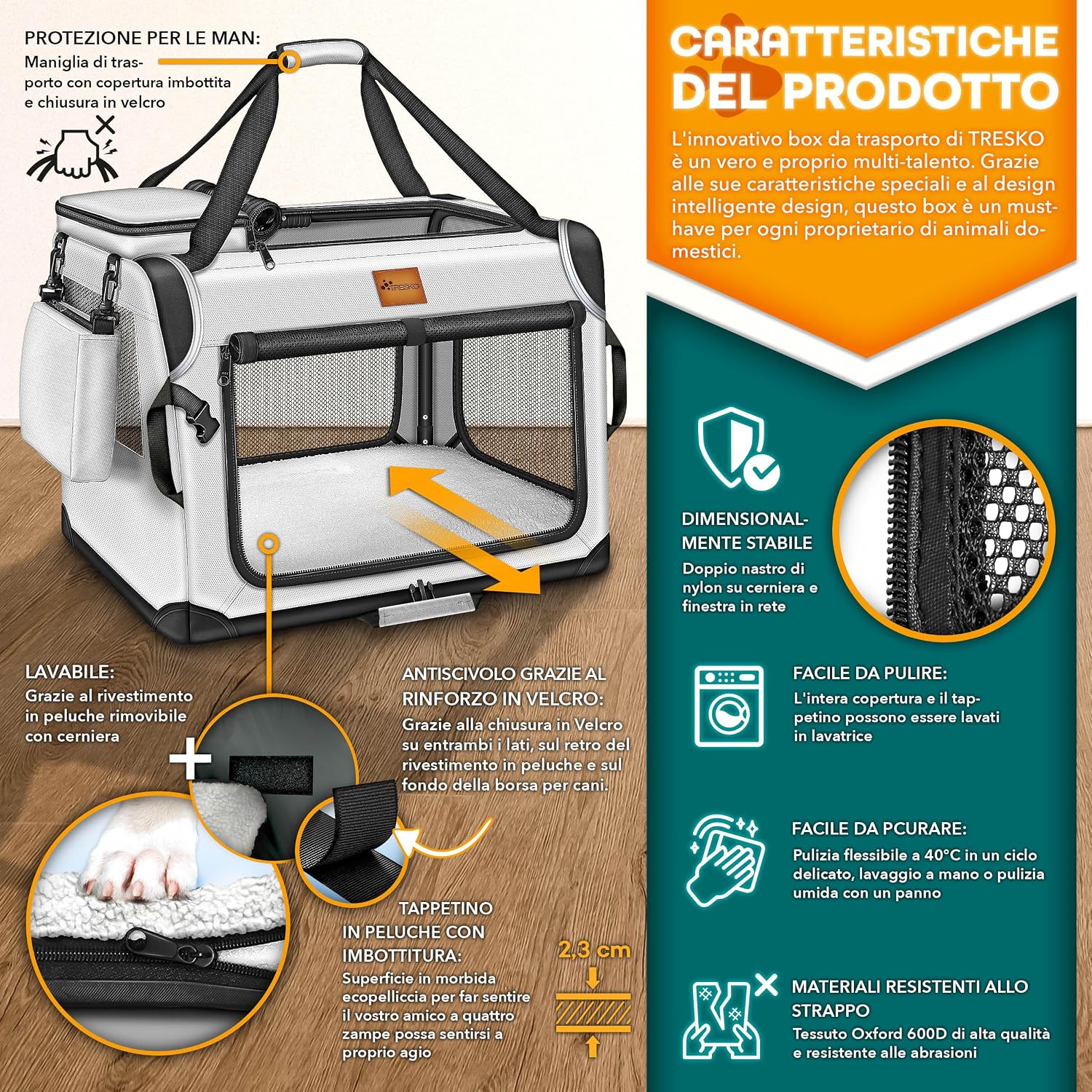 Detalle 2 de TRESKO Box Pieghevole per Cani e Gatti con Tappetino, Spatola e Riflettori M 61 x 42 x 42 cm | Trasportino Auto per Animali di Piccola e Grande Taglia