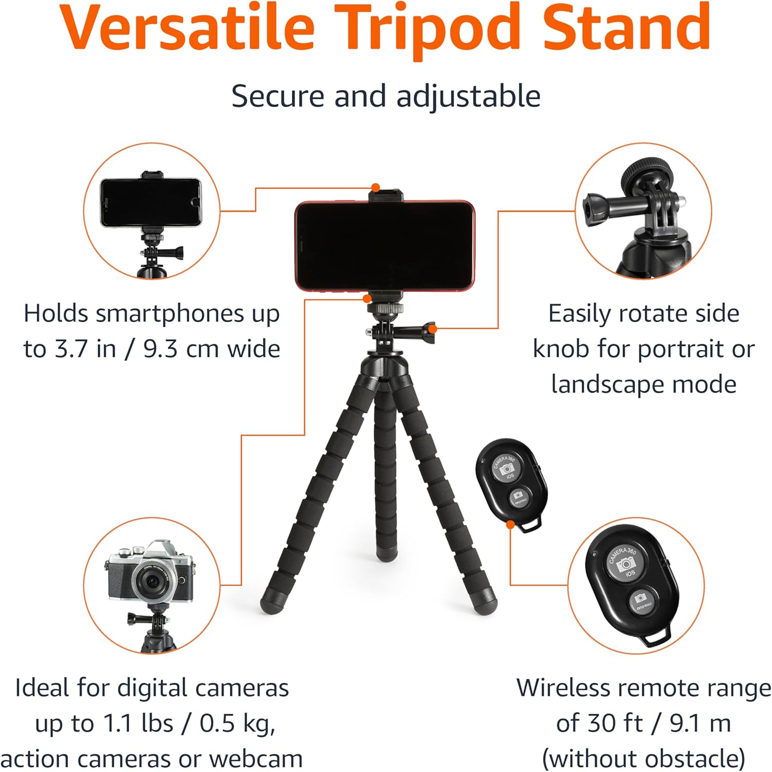 Thumbnail 1 de Amazon Basics Portable & Flexible Tripod (25cm/10in) with Wireless Remote & Phone Holder, Black