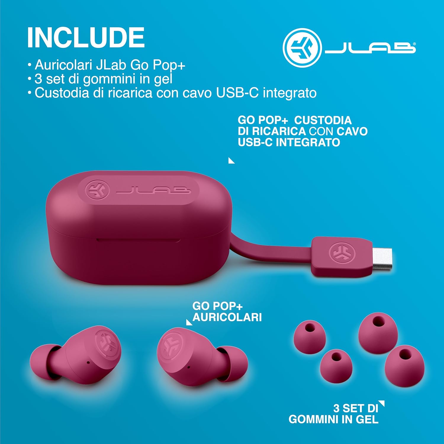 Thumbnail 6 de JLab Go Air Pop+: cuffie Bluetooth in ear compatte con 35 ore di autonomia, Rosa Scuro