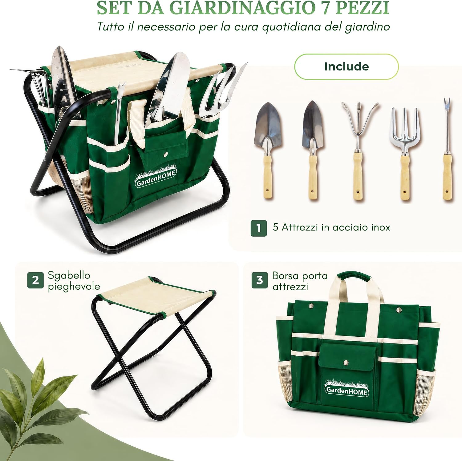 Detalle 2 de GardenHOME Set di attrezzi da giardino 7 pezzi con sgabello pieghevole e borsa