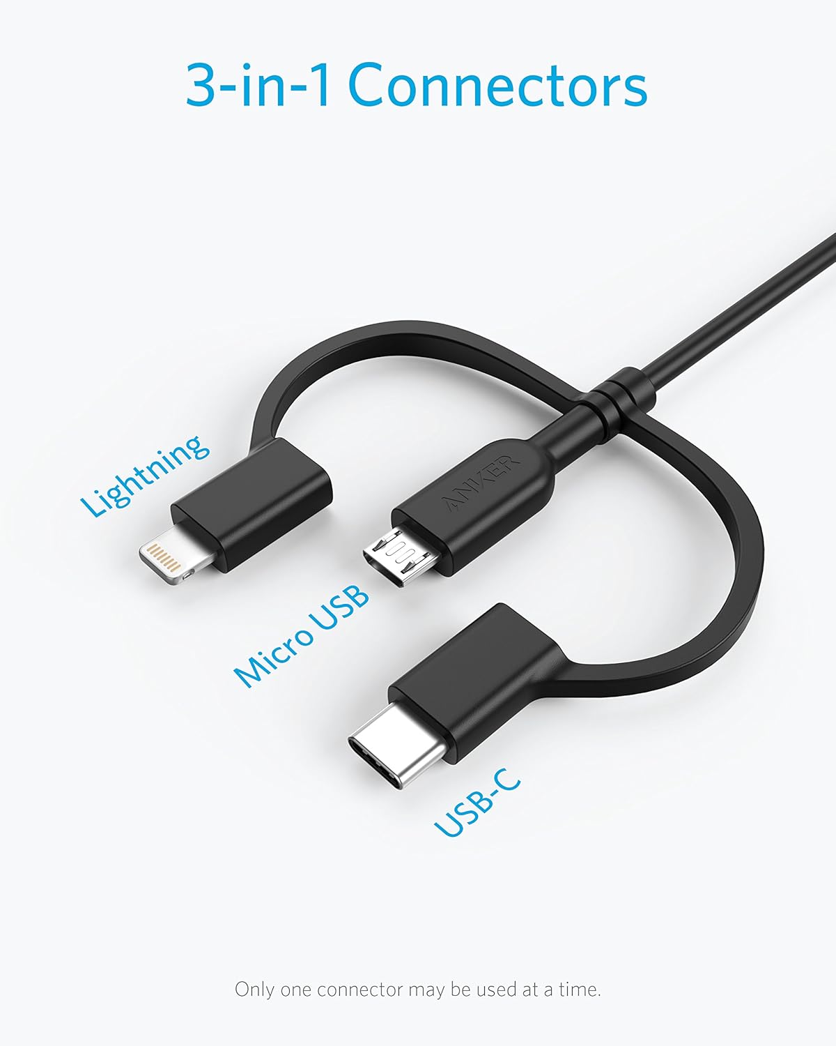Thumbnail 1 de Anker PowerLine II 3-in-1 Cable (Lightning/USB-C/Micro USB), 3ft, Black