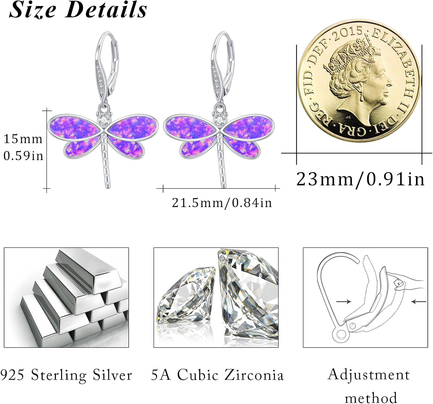 Detalle de ZIPPICE Mehrfarbig Opal Libelle Ohrringe 925 Sterling Silber – Libellen Creolen