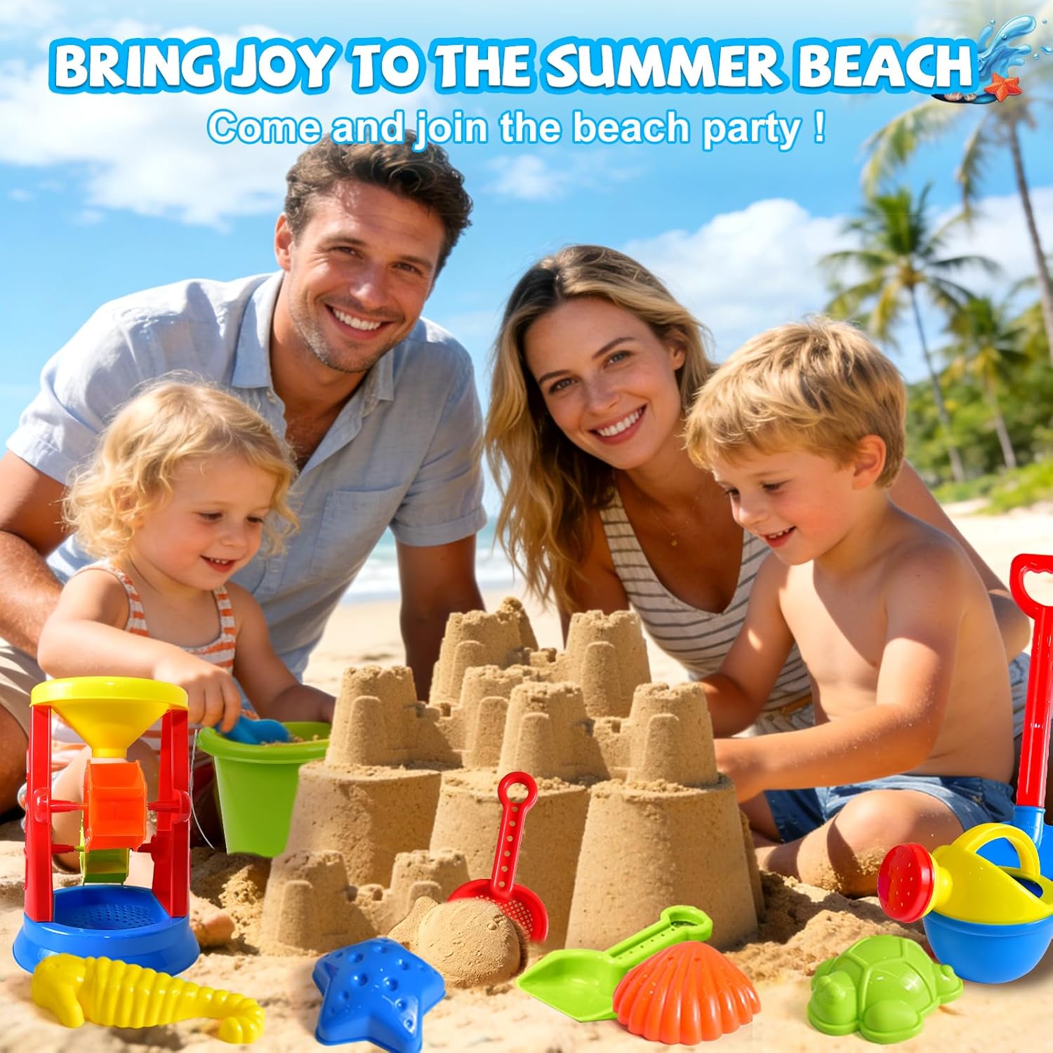 Thumbnail 6 de Beach Toys 19-Piece Sand Toys Set for Kids (Sandbox Water Wheel, Tools, Molds, Mesh Bag) Ages 3–13