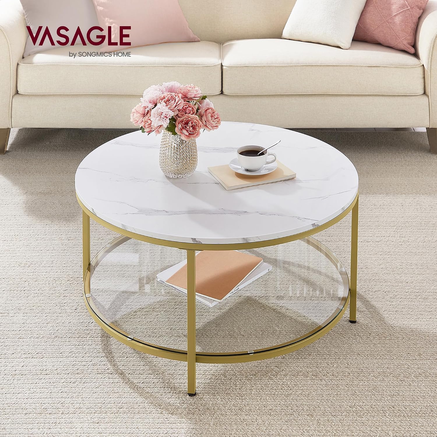 Detalle 2 de VASAGLE BARIS LCT071W59 Round Coffee Table with Faux-Marble Top and Glass Shelf