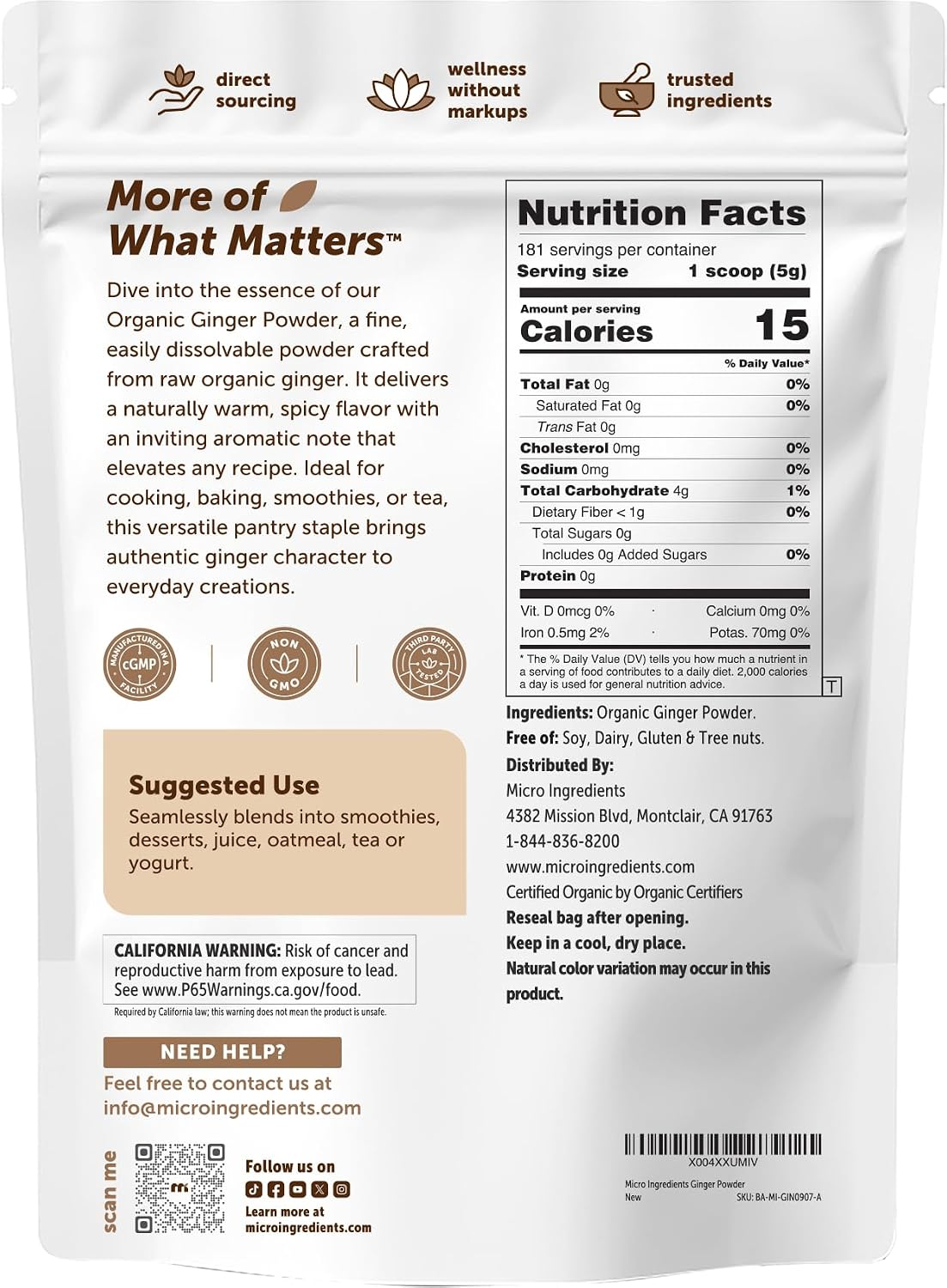 Thumbnail 1 de Micro Ingredients Organic Ginger Powder, 2 lb (32 oz), Non-GMO