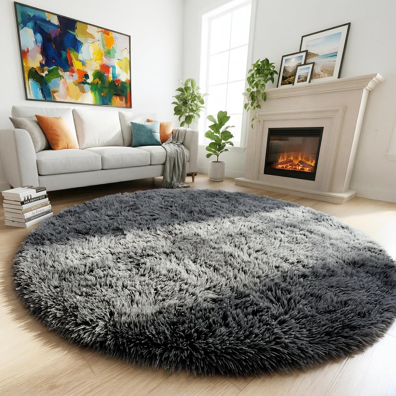 Detalle de Amdrebio 6-Foot Round Gray Shag Area Rug, Plush Polyester with Non-Slip Backing