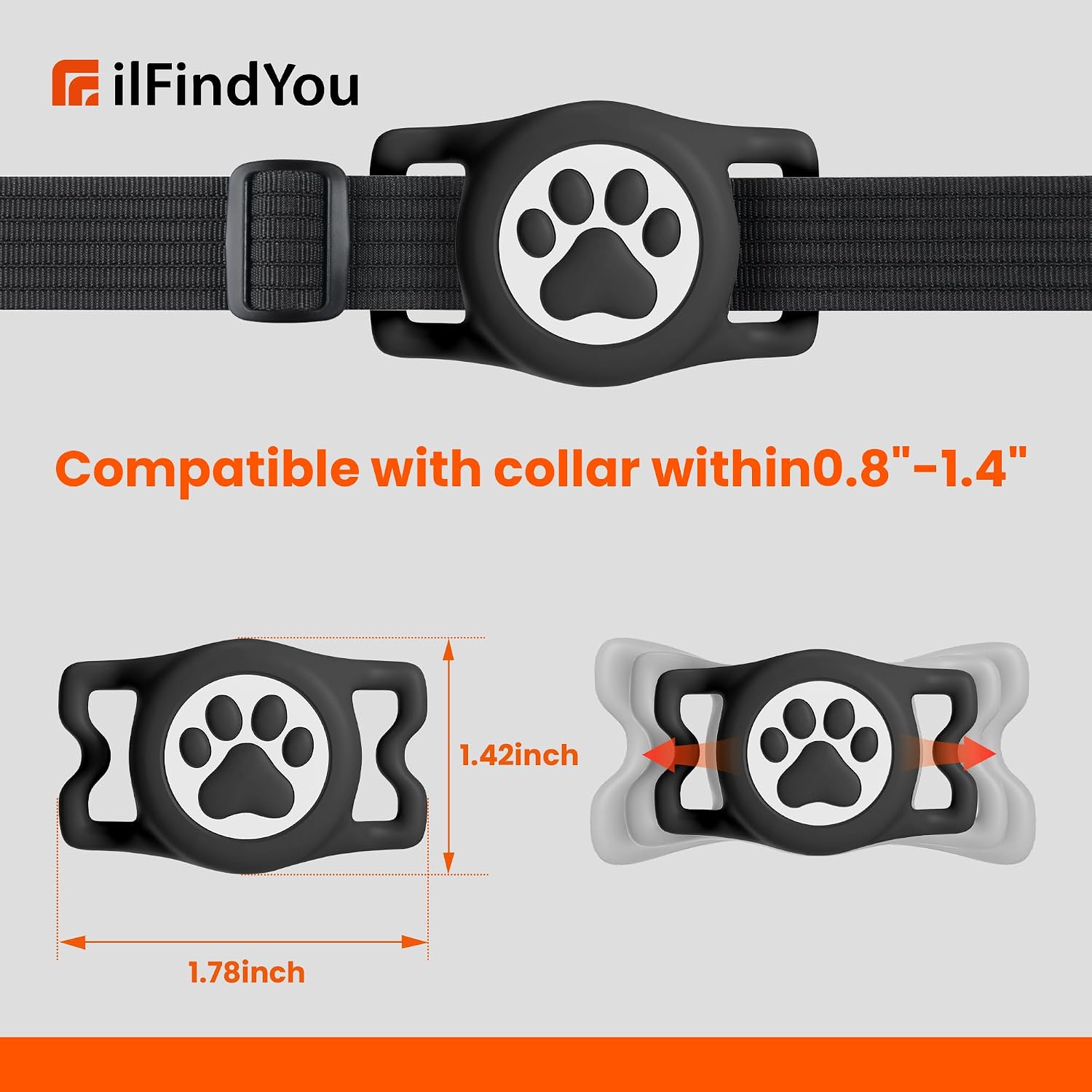 Detalle de ilFindYou IP68 Waterproof AirTag Dog Collar Holder (Black & Pink) — Silicone Case Compatible with Apple AirTags