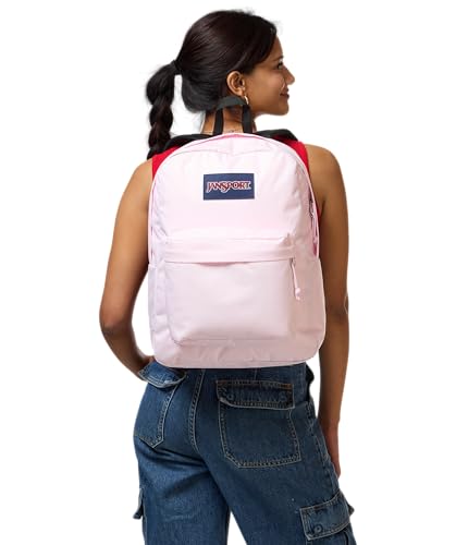 Detalle de JanSport SuperBreak One Backpack (Pink Ice) — Durable, Lightweight Daypack with Organized Front Pocket