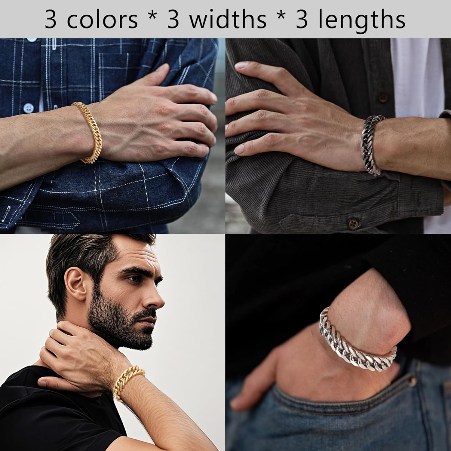 Thumbnail 3 de RWQIAN Armband Herren Edelstahl Panzerkette 8/12/17 mm – Silber/Gold/Schwarz, 18/20/22 cm