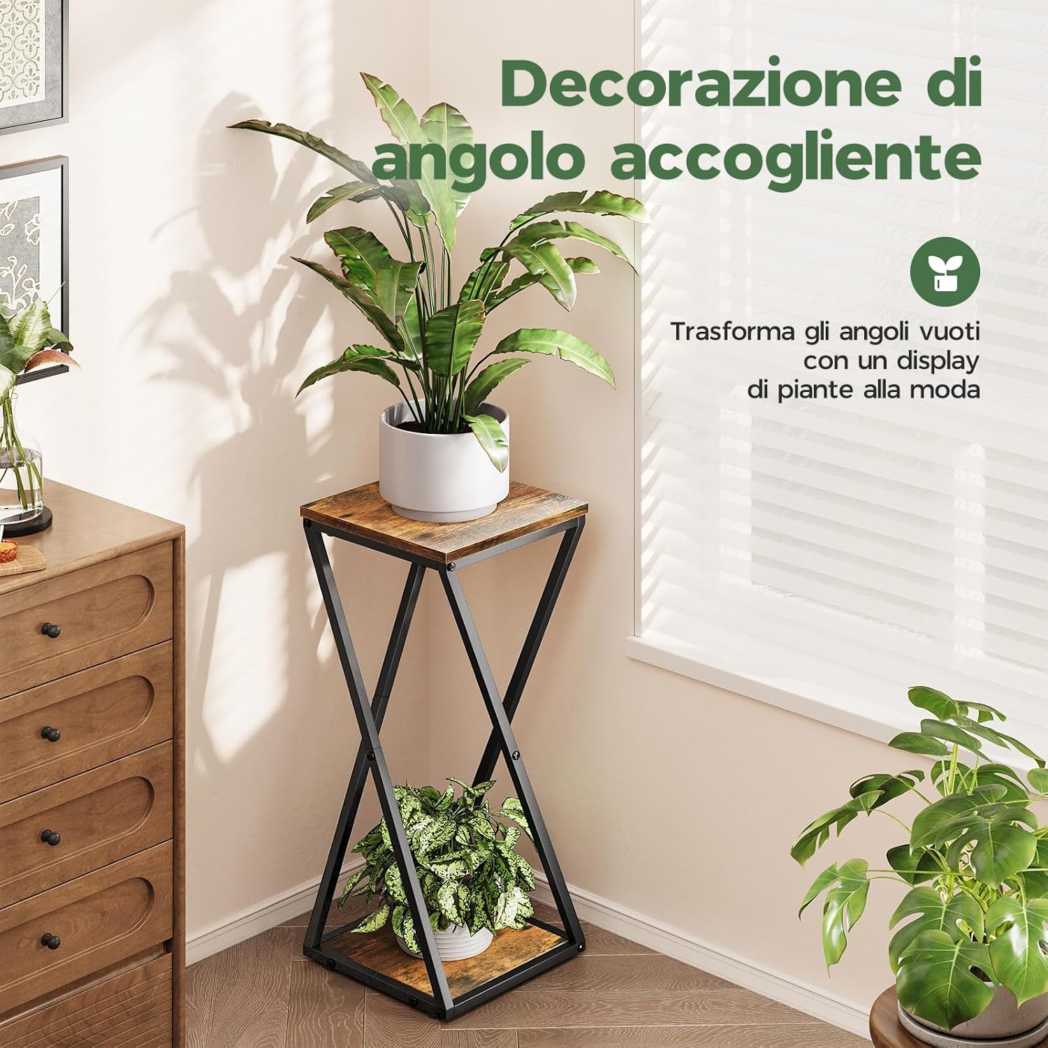 Detalle 2 de Bamworld Porta piante da interno in metallo con ripiani in legno – stile industriale a 2 livelli