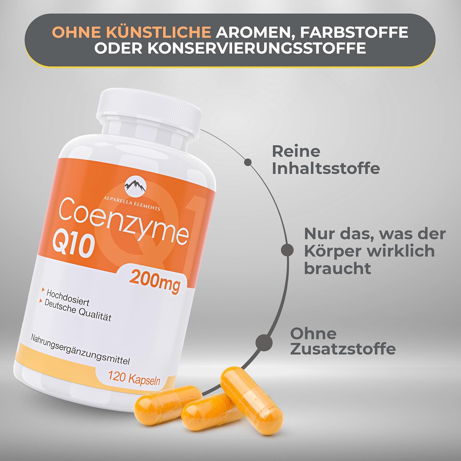 Detalle 2 de Alparella Elements Coenzym Q10 Hochkonzentriert – 200 mg pro Kapsel, vegan, 120 Kapseln (4 Monatsvorrat)