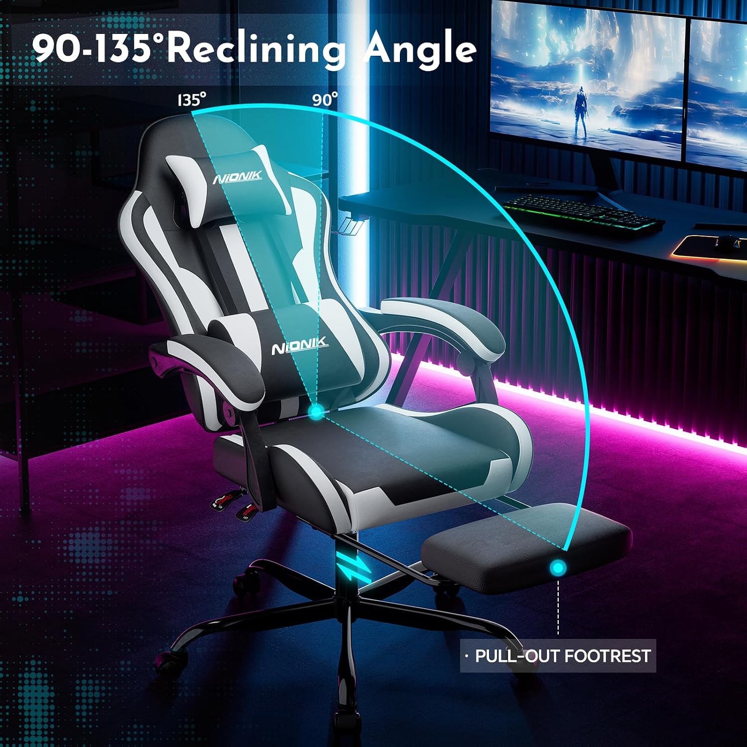Detalle de NIONIK 602 Gaming Chair, Black and White Leather with Footrest and Lumbar Support