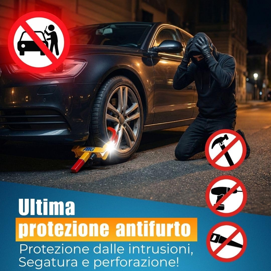 Detalle 2 de ATG Bloccaruota Auto e Rimorchio – Antifurto meccanico universale per auto, caravan, rimorchi, scooter e moto (18–28 cm)