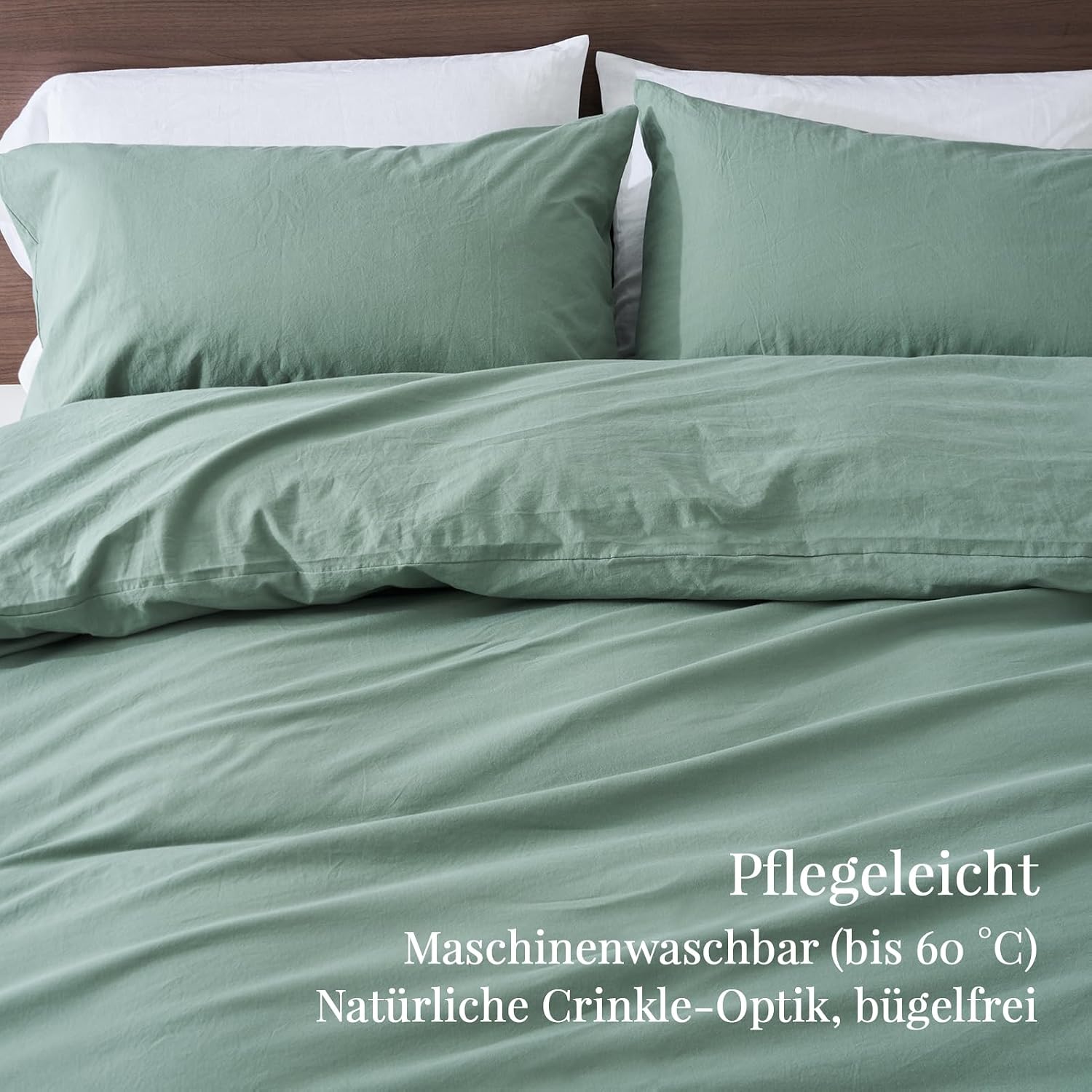 Detalle de Duvetnova Bettwäsche 135x200 aus vorgewaschener Baumwolle, Salbeigrün (mit Reißverschluss) – 1 Bettbezug + 1 Kissenbezug
