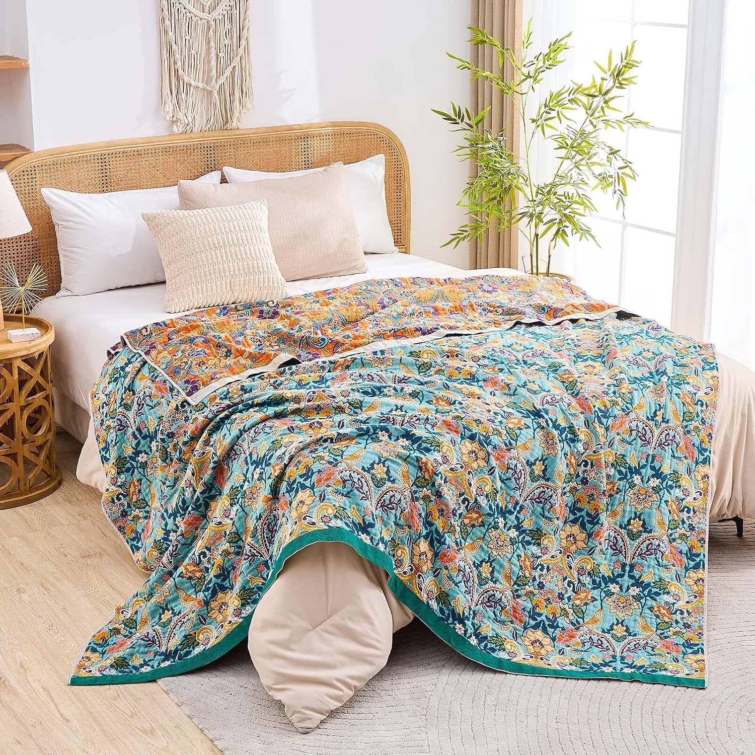 Thumbnail 5 de XIBLC Boho Blanket Throw Quilt — 90" x 98", 100% Cotton, Reversible Bohemian Farmhouse Style