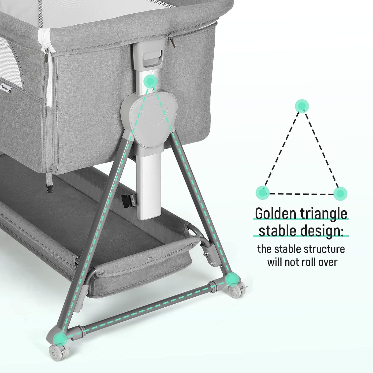 Detalle de Cowiewie P-800L Bedside Bassinet with 7 Height Settings, Mesh Sides and Storage