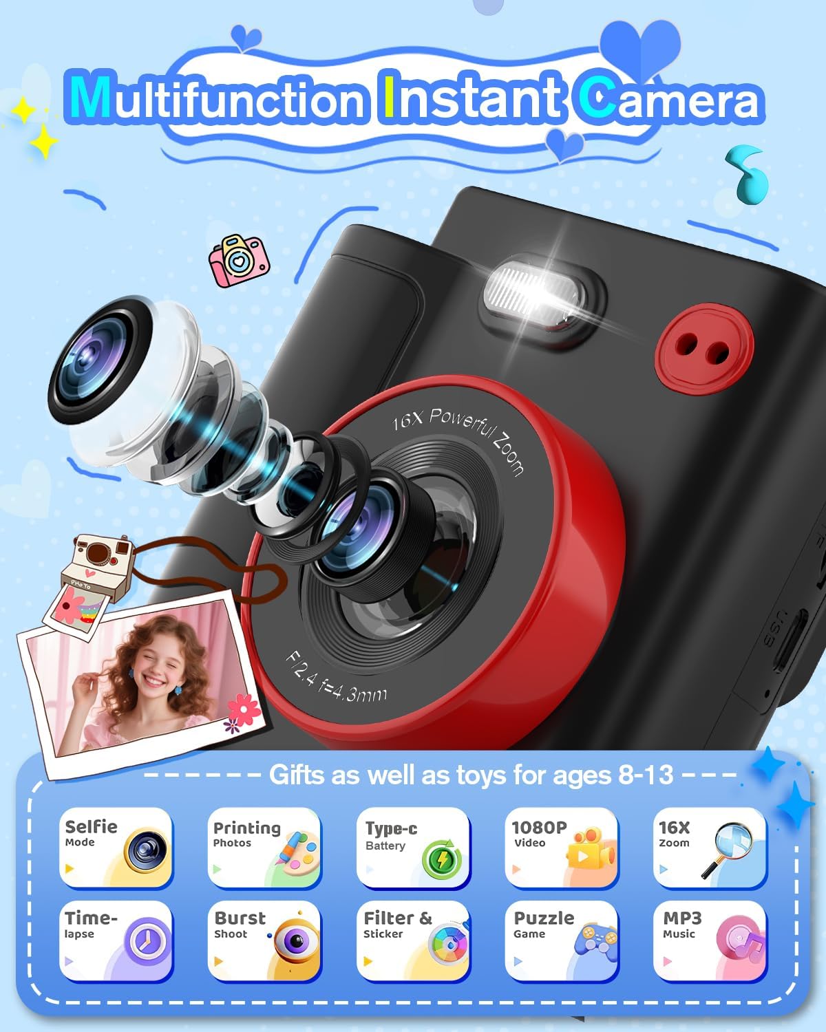 Thumbnail 1 de MYSTILUCK appareil photo instantané pour enfants (1080P) avec impression thermique, carte 32 Go et papier photo