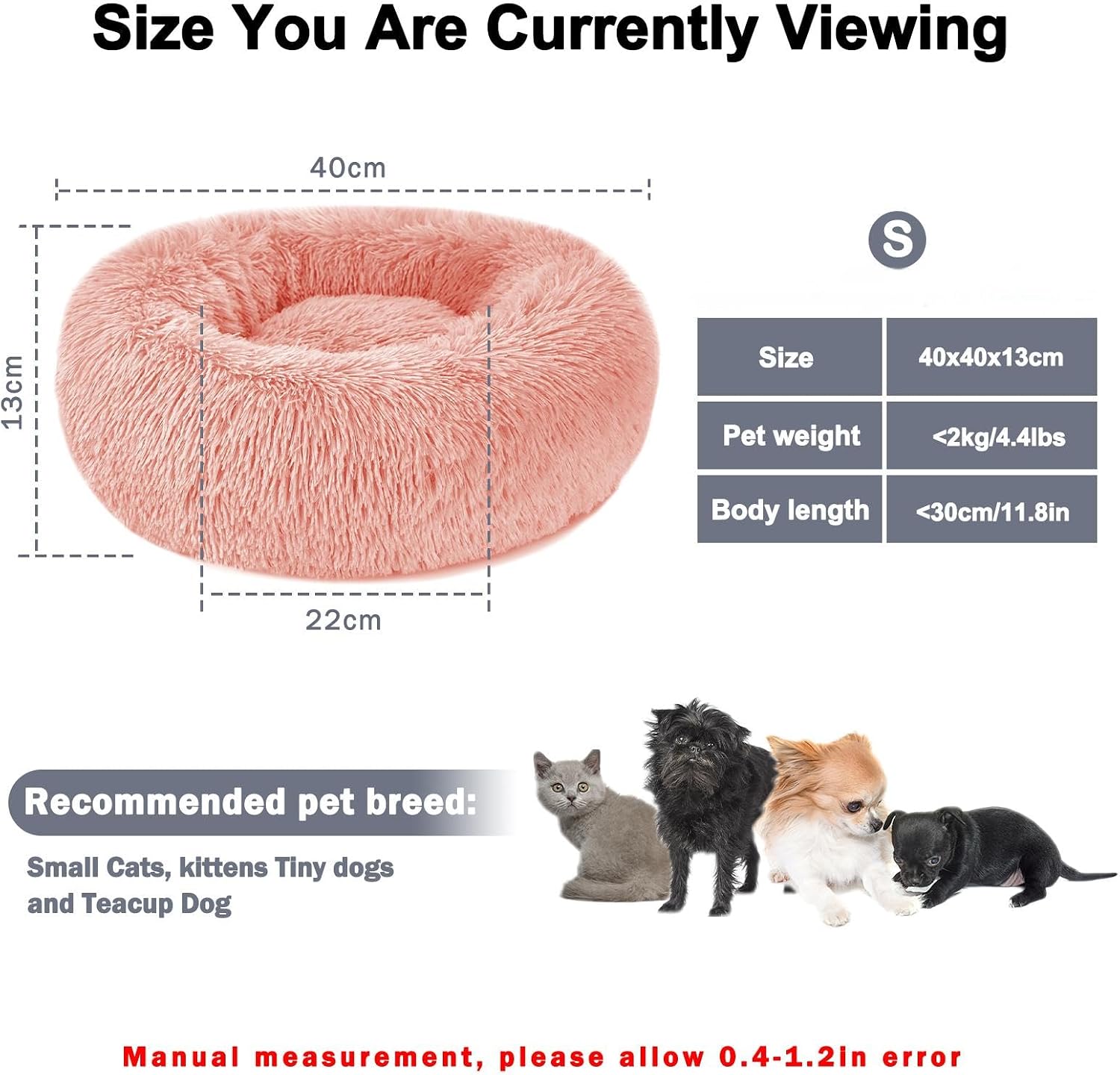 Detalle de Nepfaivy Calming Dog Cat Donut Bed - 15.75in Pink, Soft Plush Round Nest for Small Pets