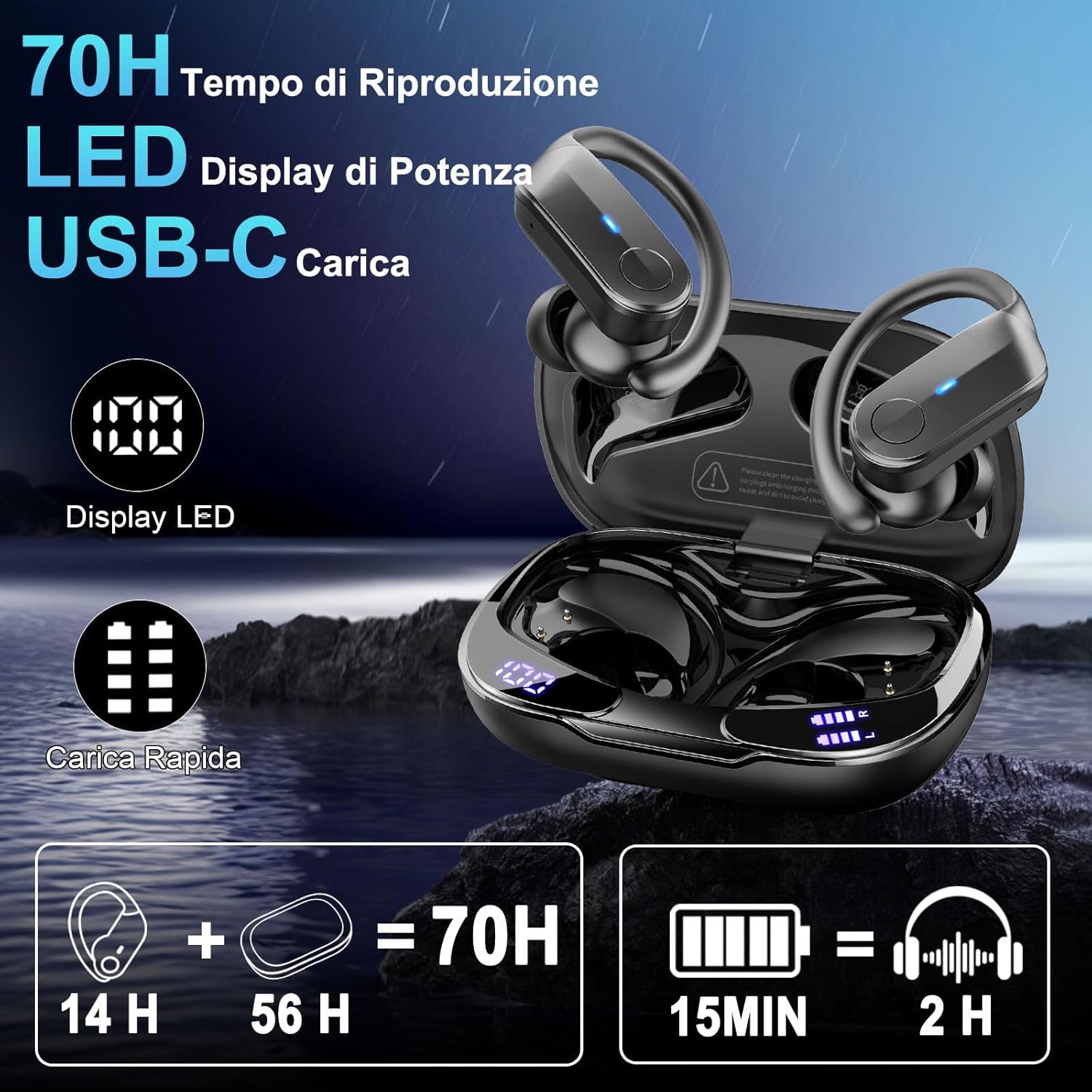 Thumbnail 3 de Cuffie Bluetooth 5.4 Sport: Auricolari IPX8 con 70 ore di autonomia, ENC e Display LED