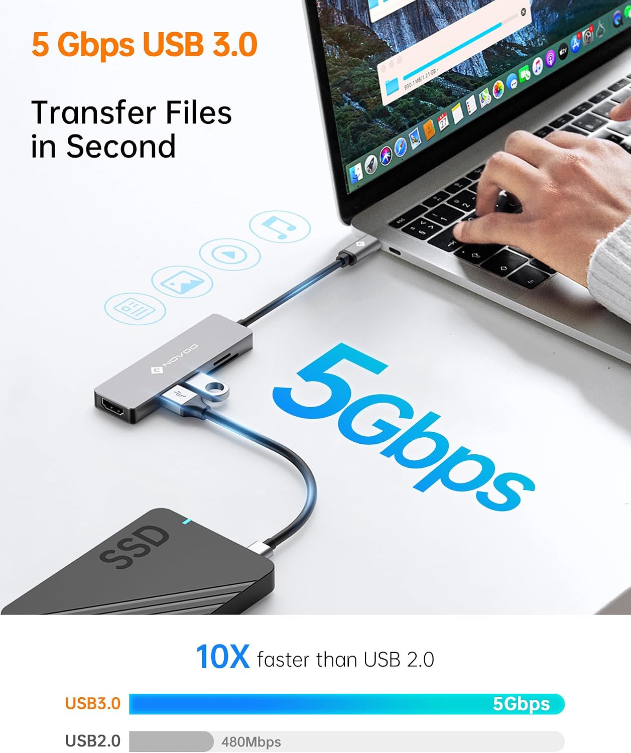 Detalle de NOVOO Hub USB C 5 en 1 con HDMI 4K