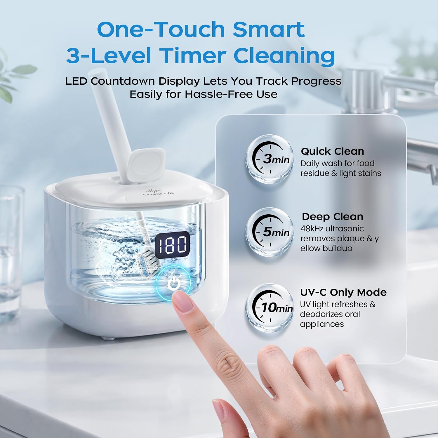 Detalle 1 de LOVELAB Ultrasonic Retainer Cleaner, 48 kHz, UV-C Light, 200 mL Tank