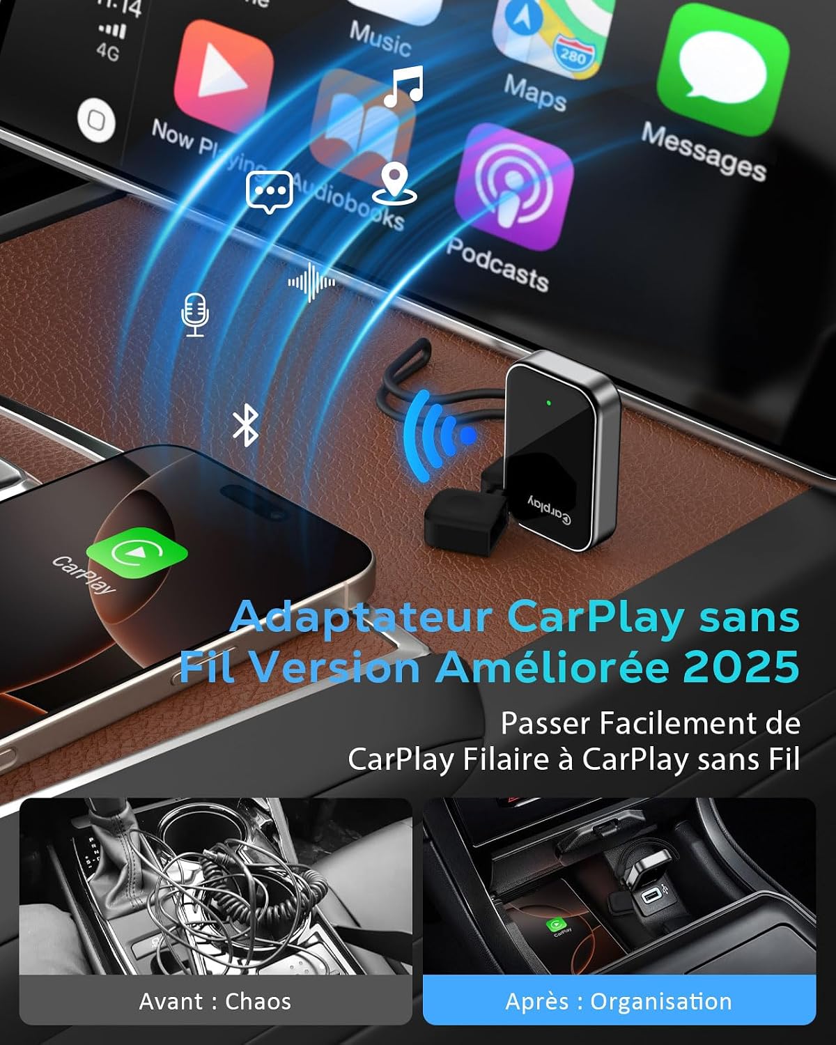 Detalle de Adaptateur CarPlay sans Fil pour Apple iPhone – 2025 (Plug & Play, WiFi 6 / Bluetooth 5.3)