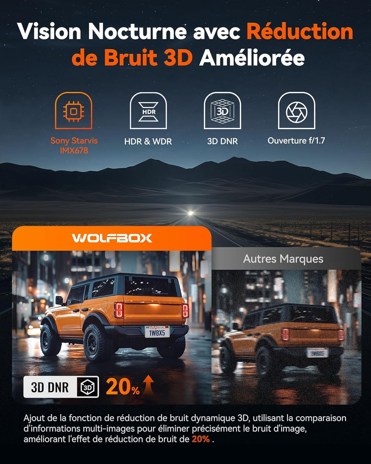 Thumbnail 3 de WOLFBOX Starvis 2 IMX678 (X5) – Caméra de voiture 3 canaux 4K+2,5K+1080P avec GPS, Wi‑Fi 5,8 GHz et commande vocale