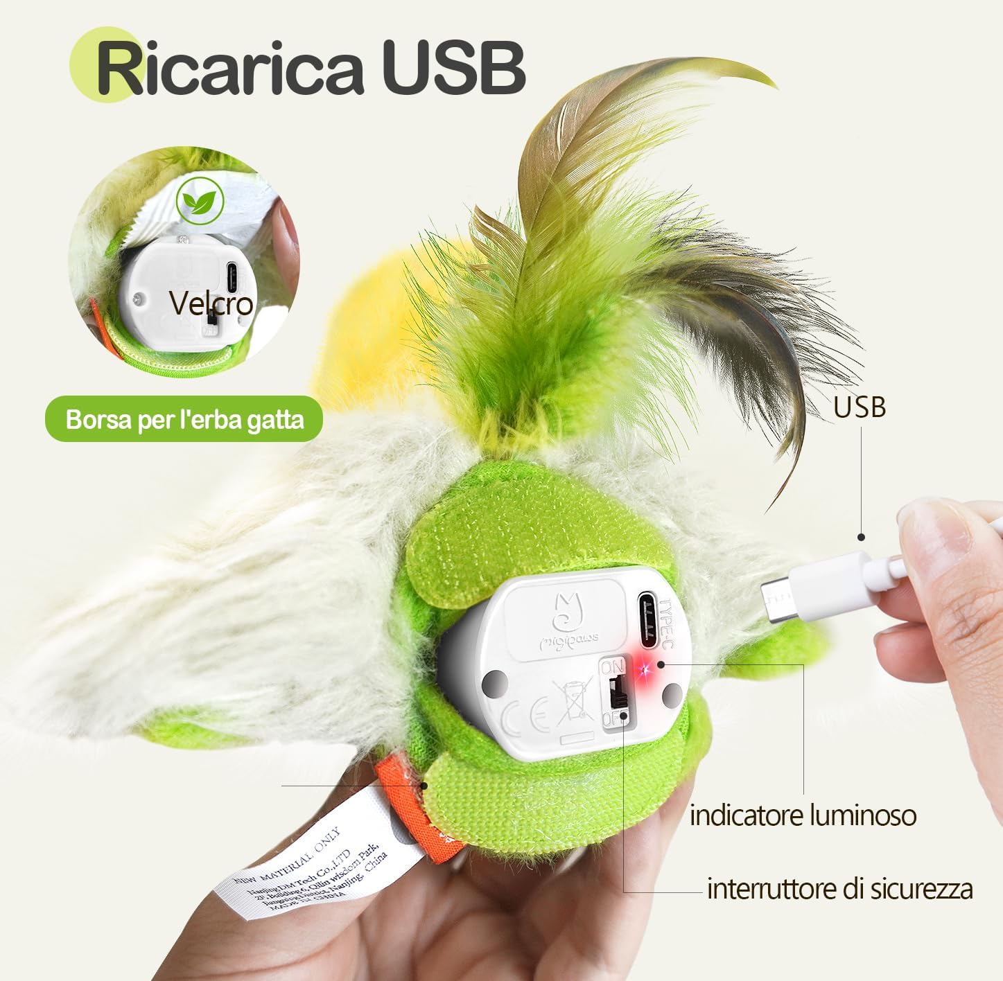 Detalle 2 de Migipaws Giocattolo interattivo per gatti – Flappy Bird 3 in 1, elastico da 80 cm, cinguettio e erba gatta