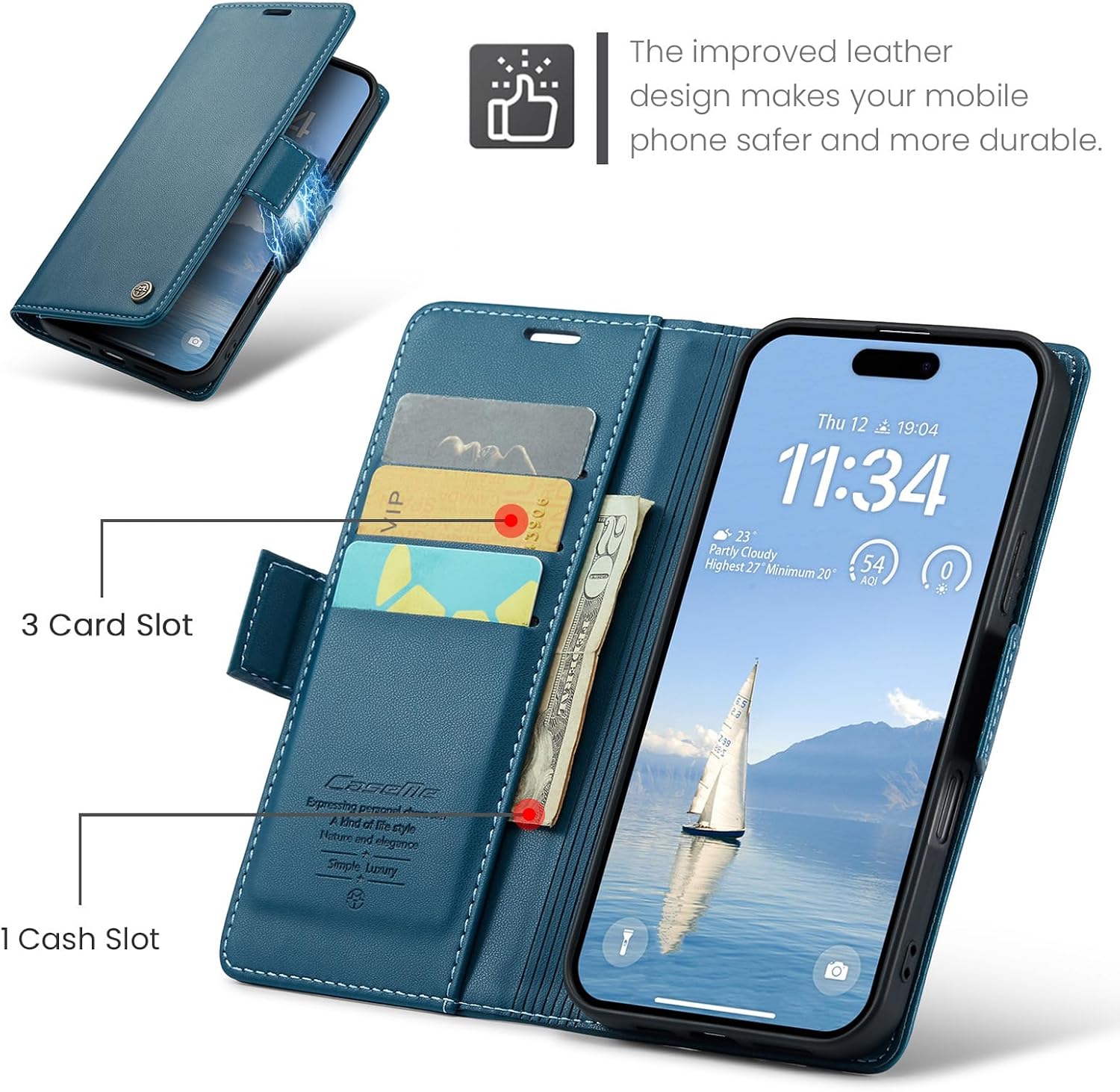 Detalle 2 de Phernykas Handyhülle für iPhone 16 Pro – Leder Klapphülle mit Standfunktion, Kartenfächern und RFID-Schutz (Blau)