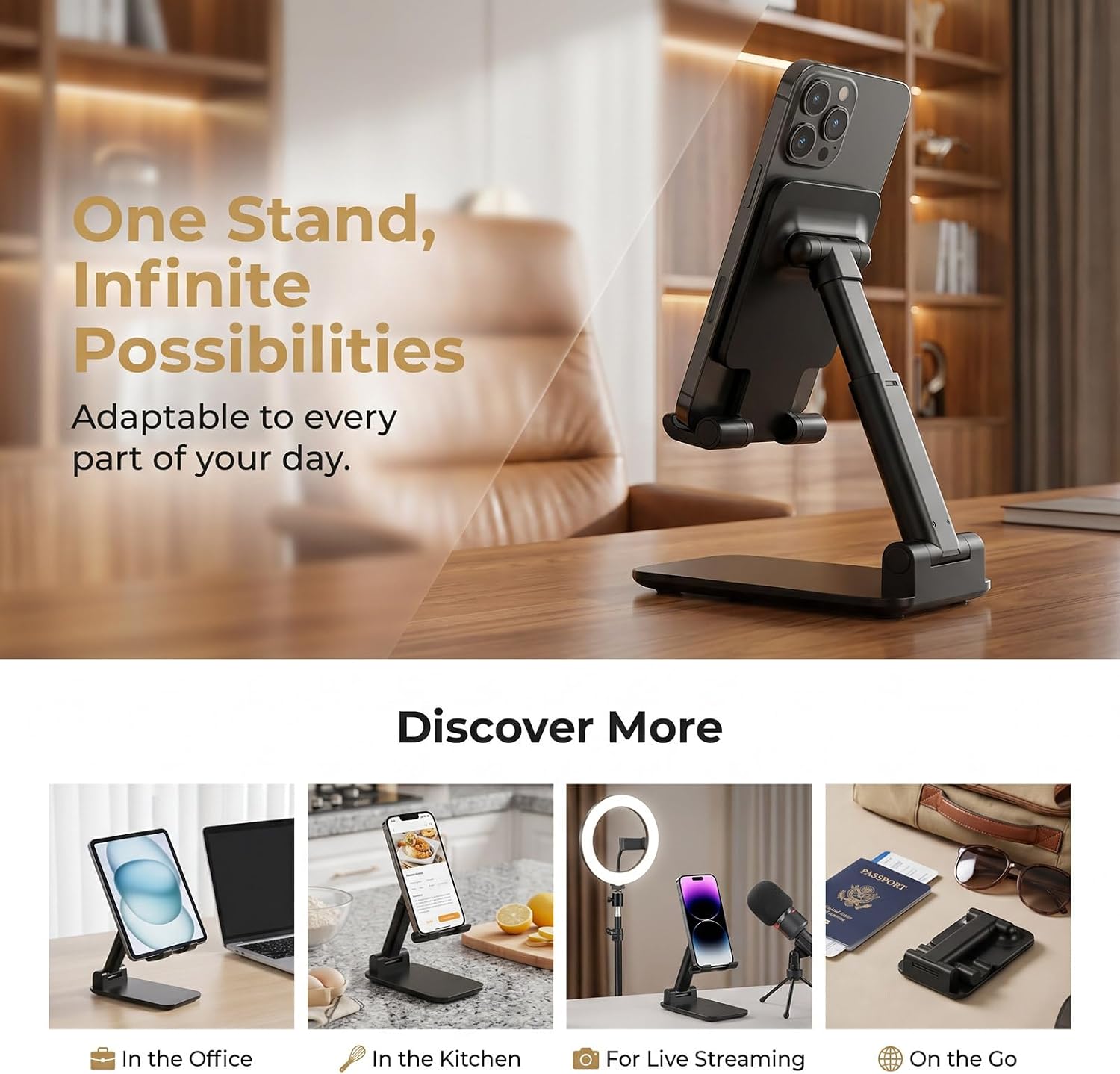 Detalle 2 de OGMAPLE MT-10 Foldable Phone Stand, Adjustable Black Desk Holder