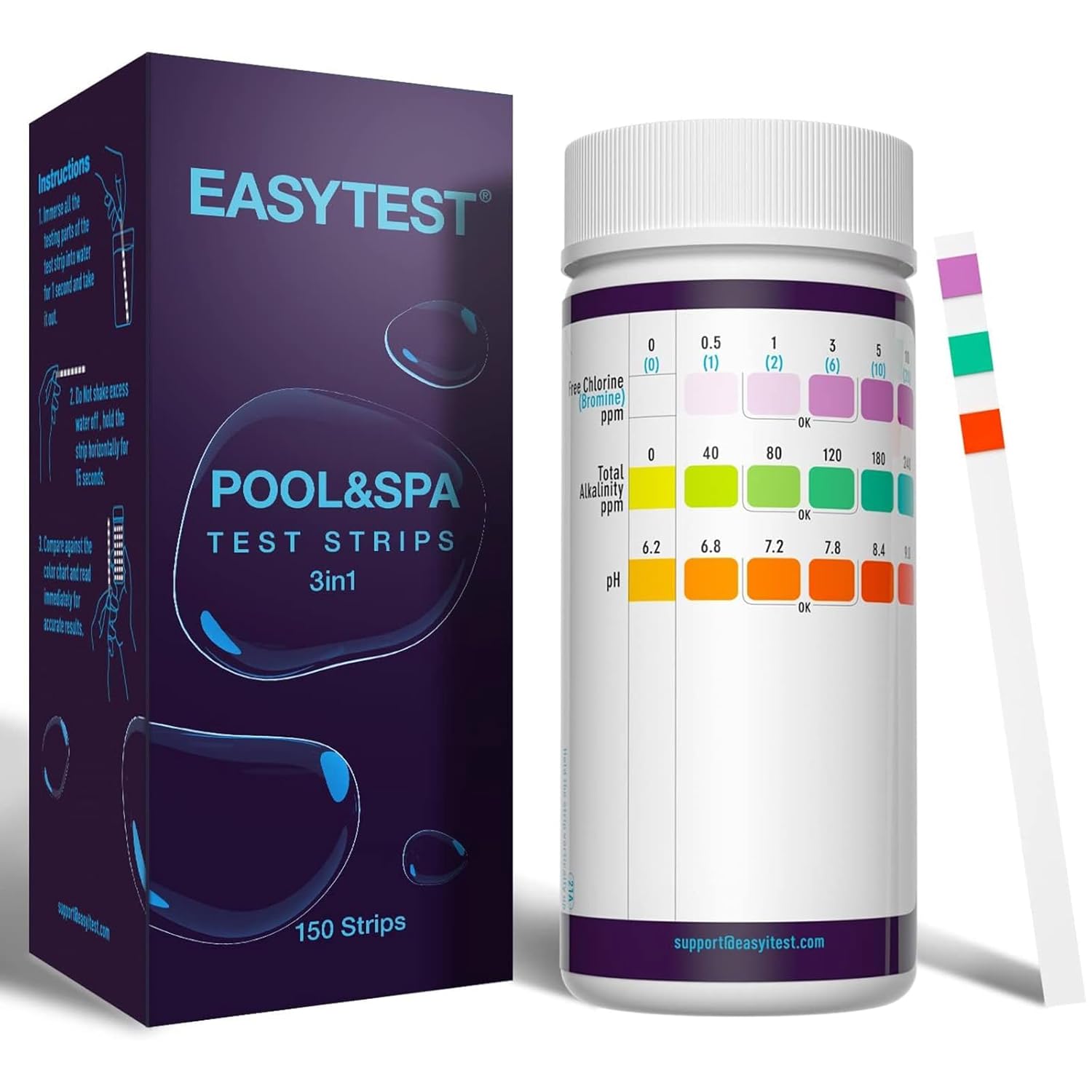 Detalle de EASYTEST 3-in-1 Pool-Teststreifen für Spa – pH, freies Chlor, Brom & Alkalinität (150 Stäbchen)
