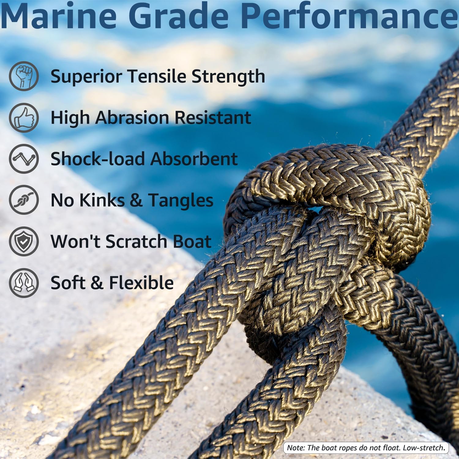 Detalle de PACTHSD 2-Pack 3/8" x 15' Dock Lines with 12" Loops, Double-Braided Marine-Grade Nylon (Black)