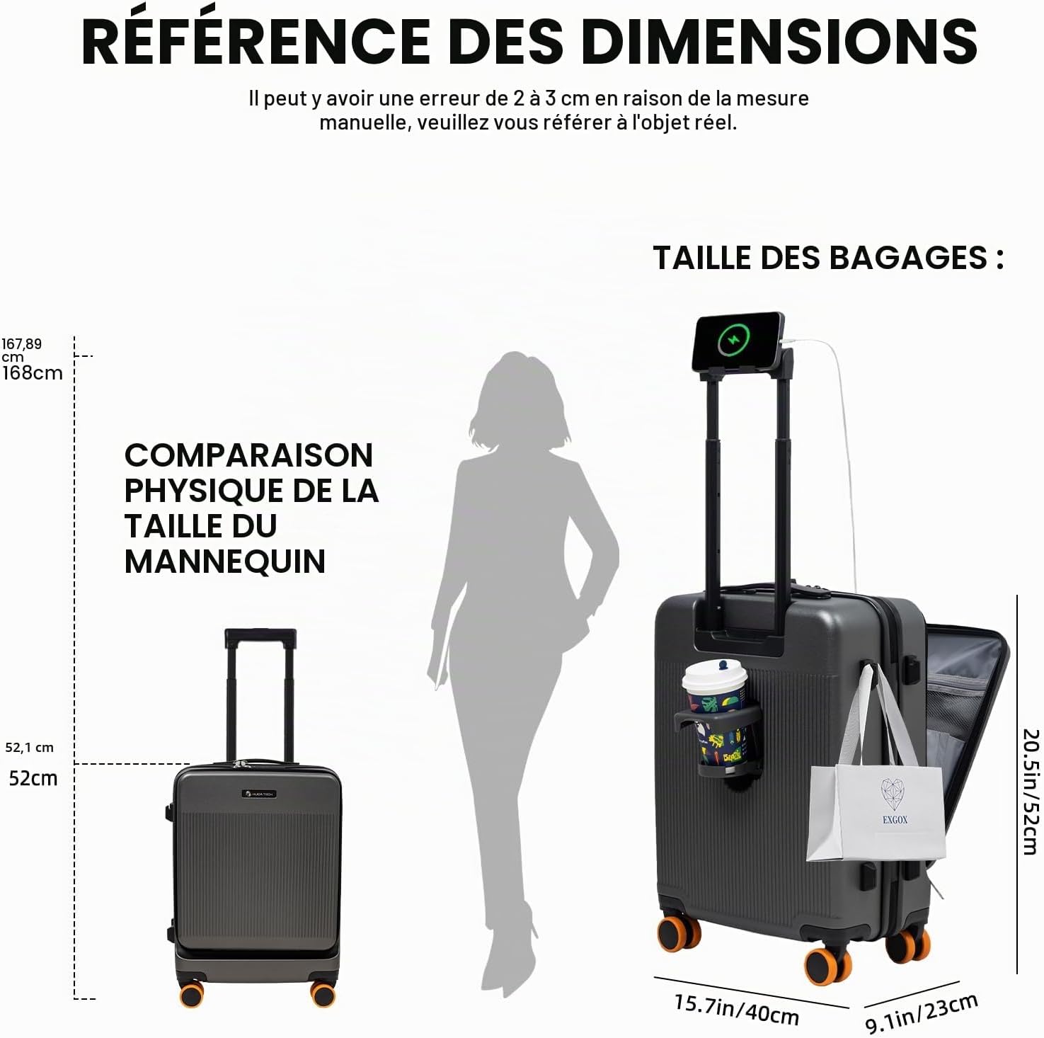 Detalle de HUIDA TECH Valise de cabine légère 20 pouces avec compartiment pour ordinateur, serrure TSA et chargement USB
