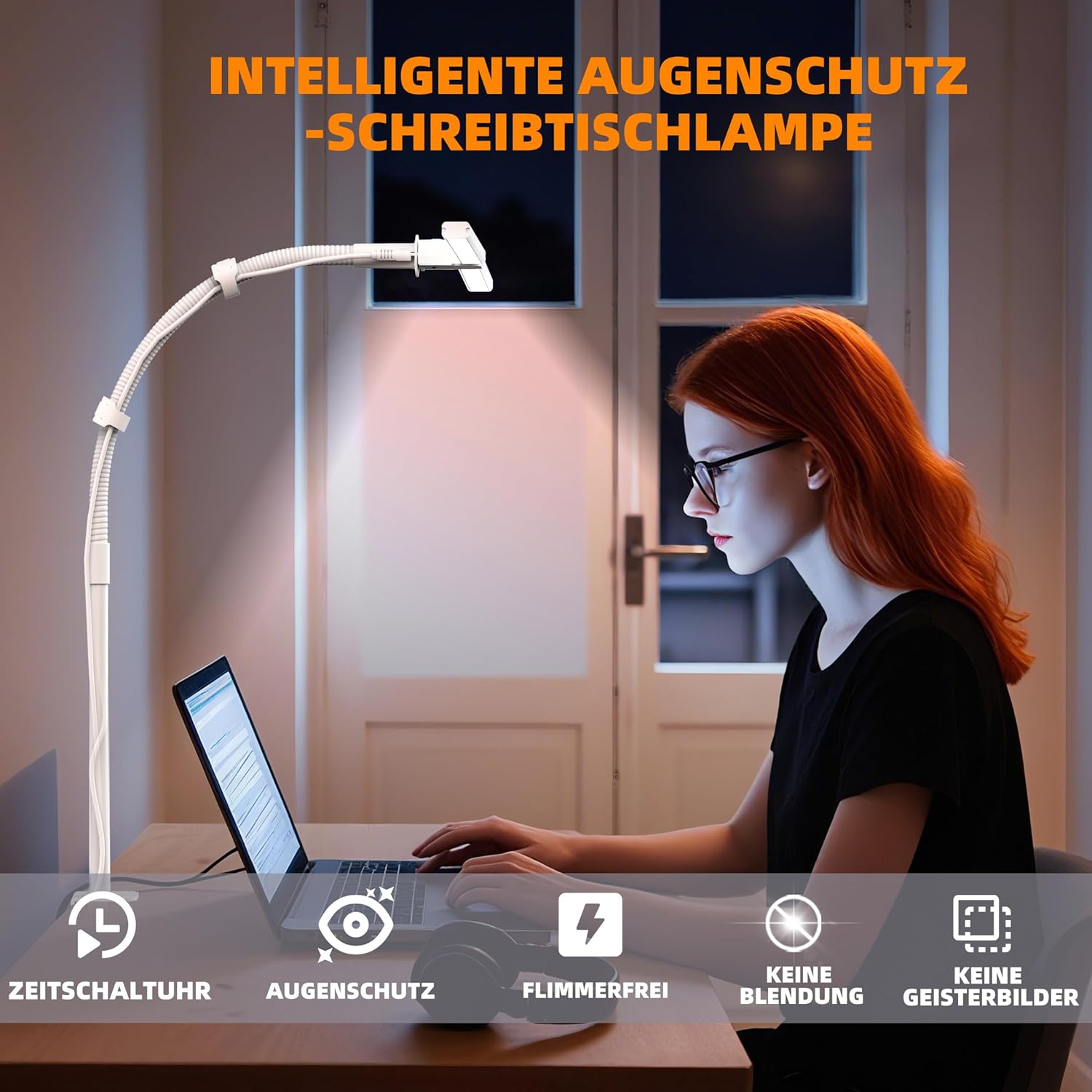 Thumbnail 2 de Doppelkopf Schreibtischlampe LED – dimmbar, 1200 Lumen, 5 Farbtemperaturen und 5 Helligkeitsstufen mit Schwanenhals und Cliphalter