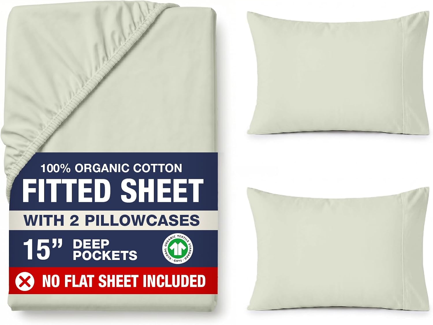 Detalle de LANE LINEN OGN160FS-QN-MIN Queen Fitted Sheet Set, Organic Cotton Percale, 15" Pocket
