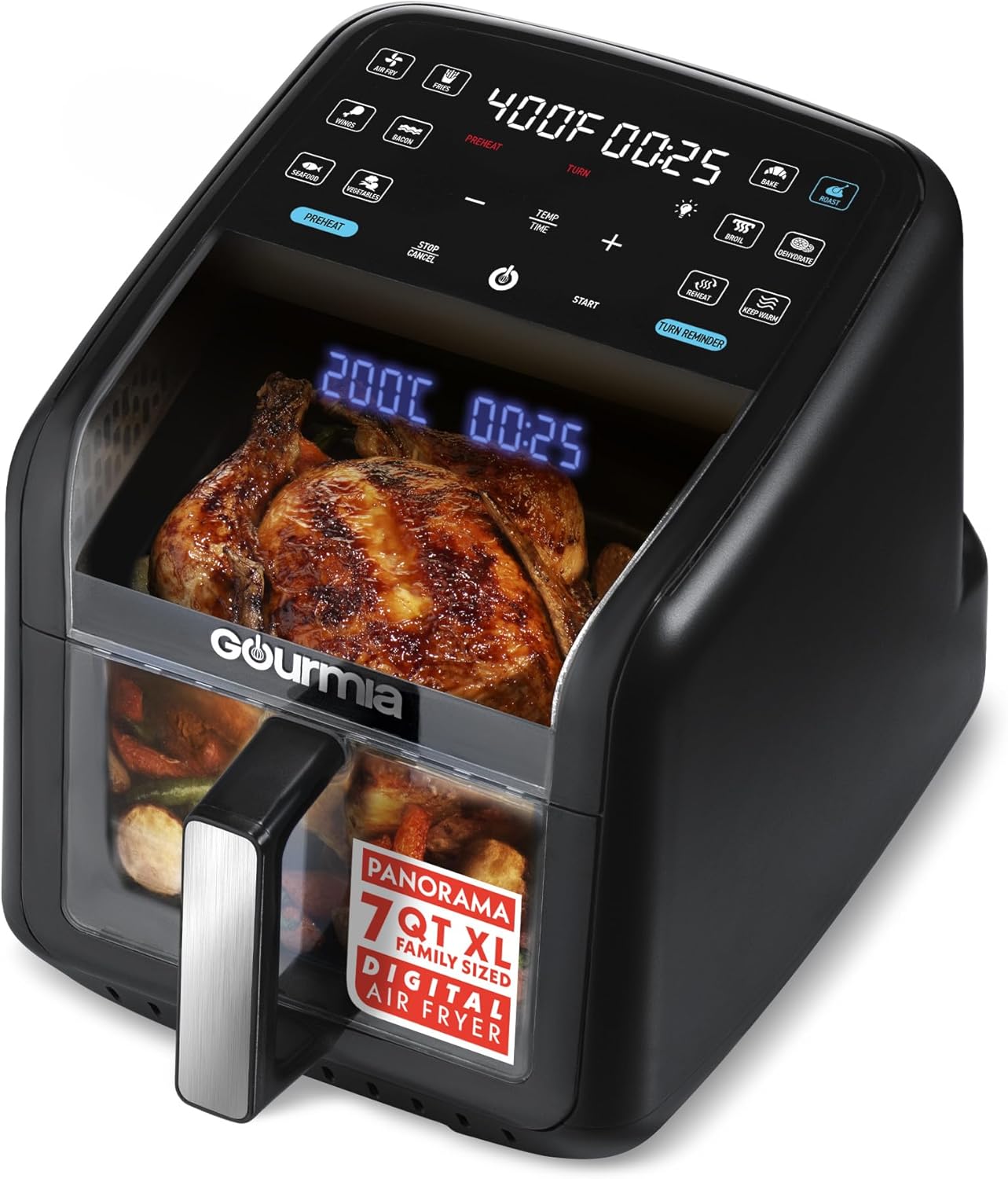 Gourmia 7 Qt Air Fryer with Easy View Panorama Window, Interior Light, and Guided 12 Presets