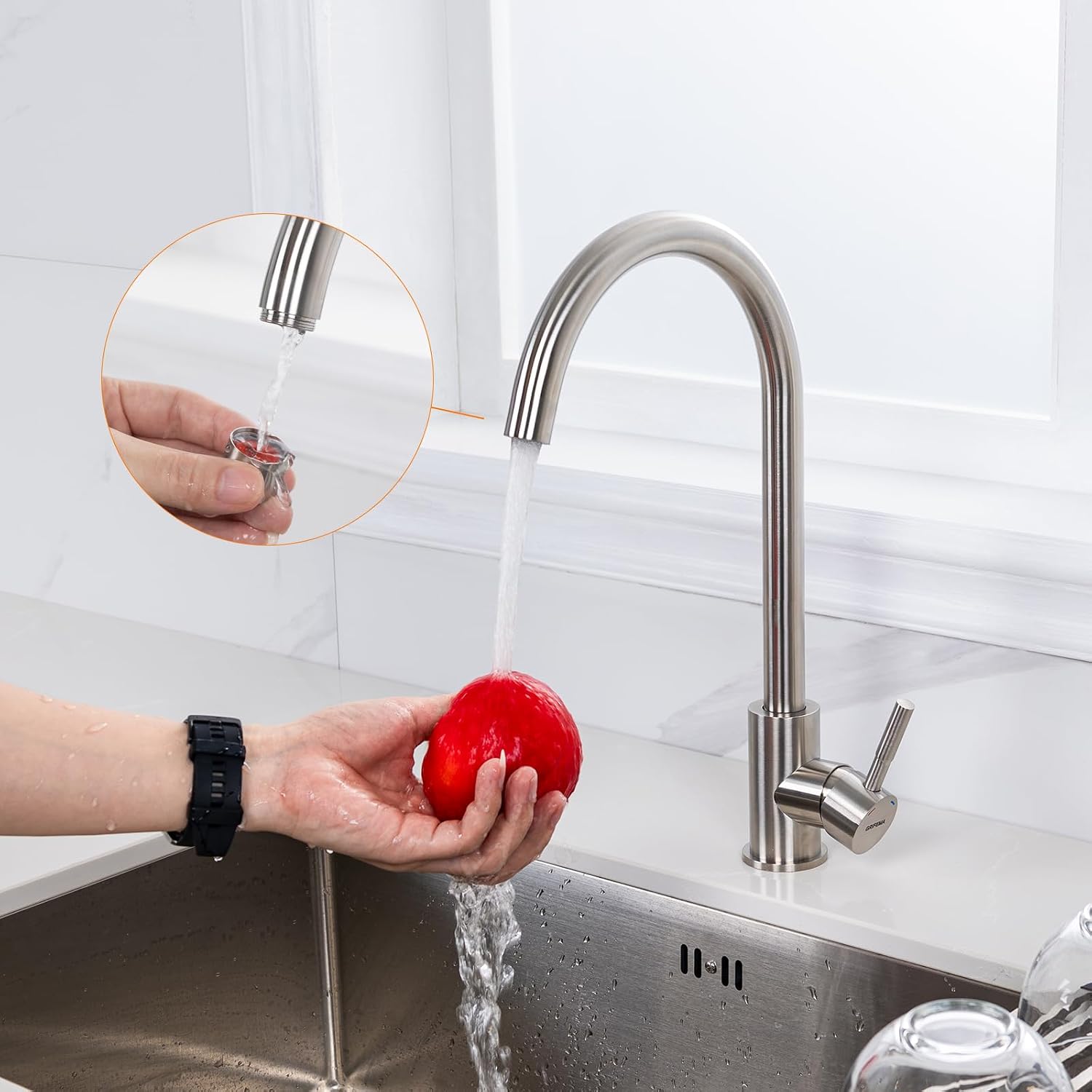 Detalle 2 de GRIFEMA Niederdruck Armatur Küche – 360° Drehbar, leicht zu reinigen und für Boiler geeignet